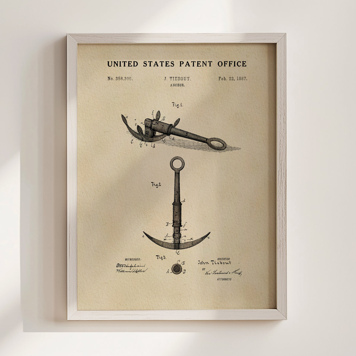 The image is a framed vintage patent drawing depicting a maritime anchor, with accompanying technical drawings and annotations.
