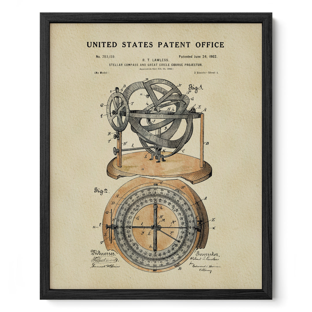 The image is a framed vintage patent drawing depicting a telescope and a star-lamp course projector.