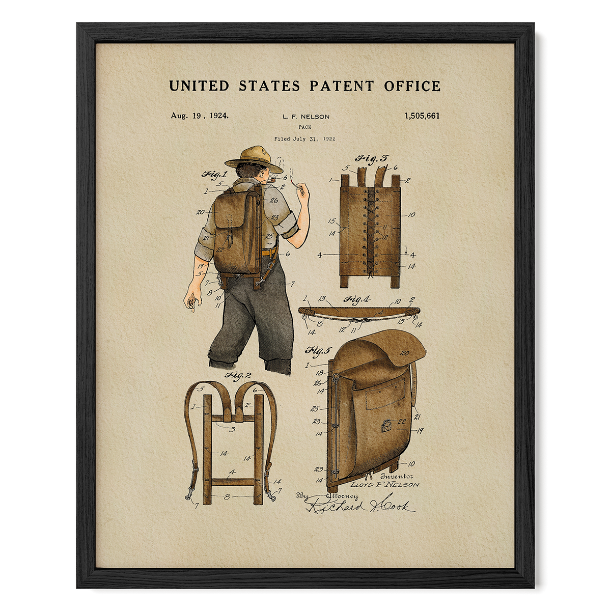 The image is a framed patent drawing depicting a man with a backpack, showing the design and features of the backpack.