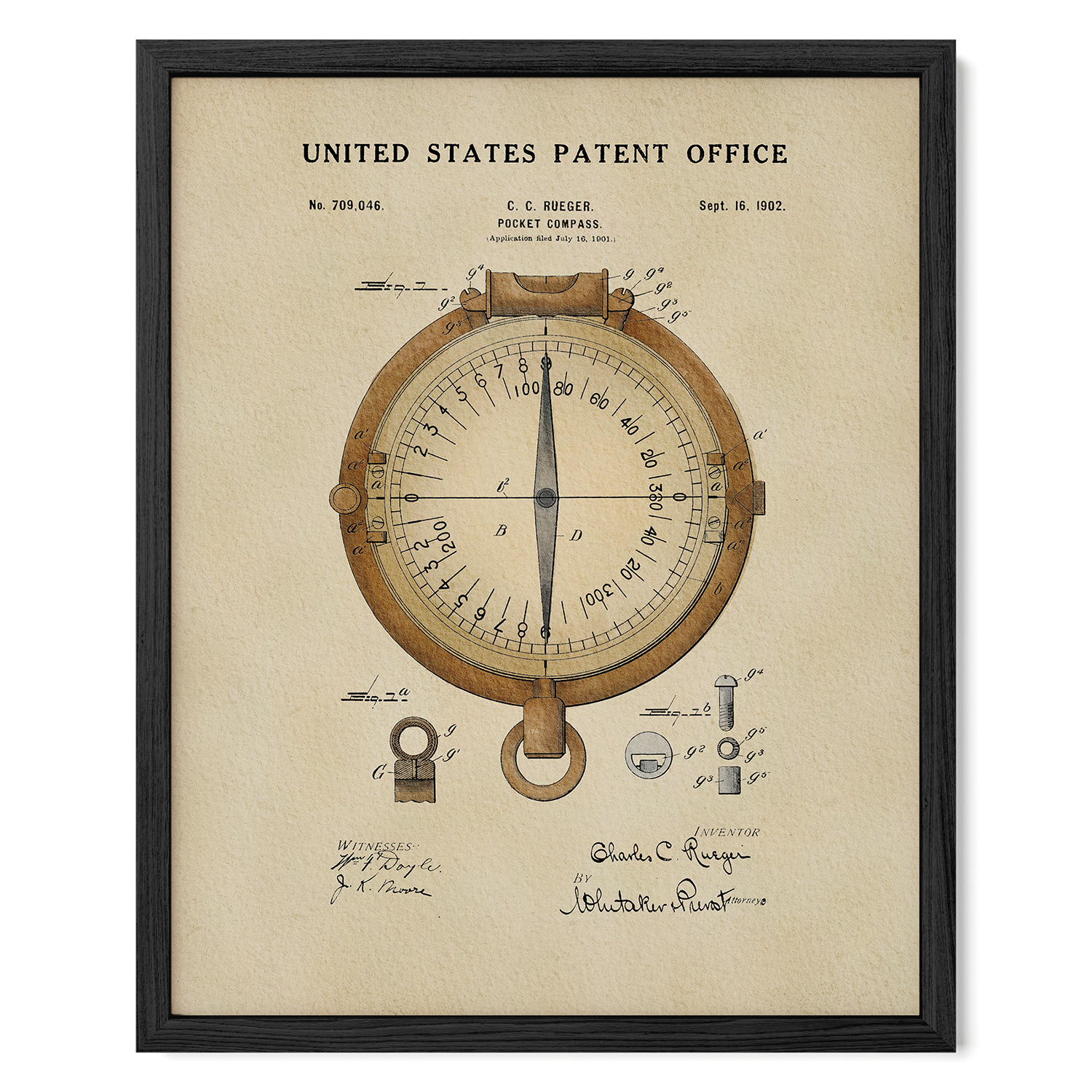The image is a framed patent drawing of a compass, depicting the design and features of the compass.