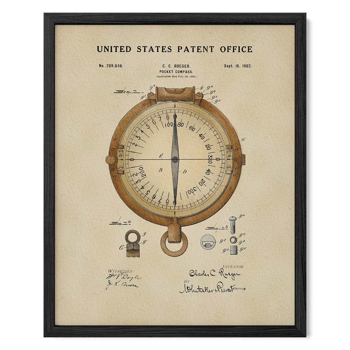 The image is a framed patent drawing of a compass, depicting the design and features of the compass.