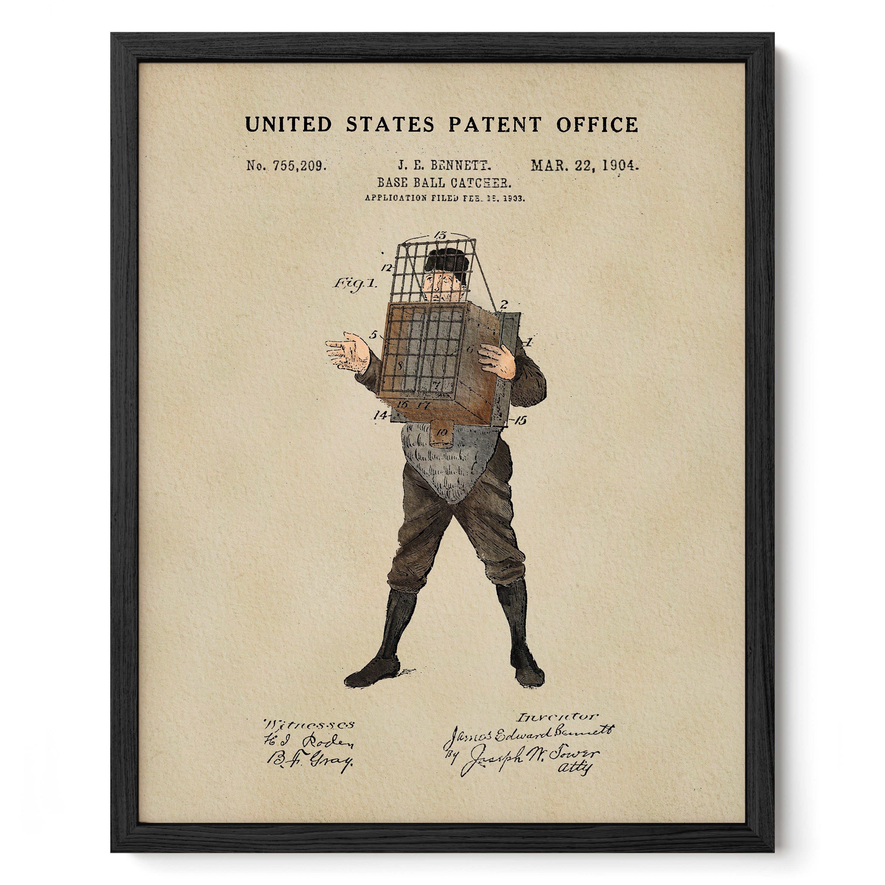 The image is a framed print of a patent application from the United States Patent Office dated March 22, 1904. It features an illustration of a man wearing a baseball catcher's mask and holding a catcher's mitt.