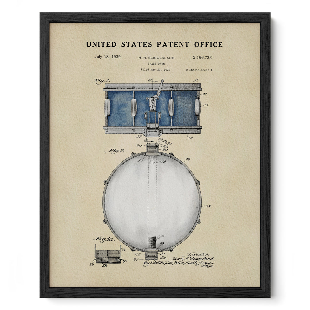 The image is a framed patent drawing depicting a drum or musical instrument, with detailed technical drawings and annotations.
