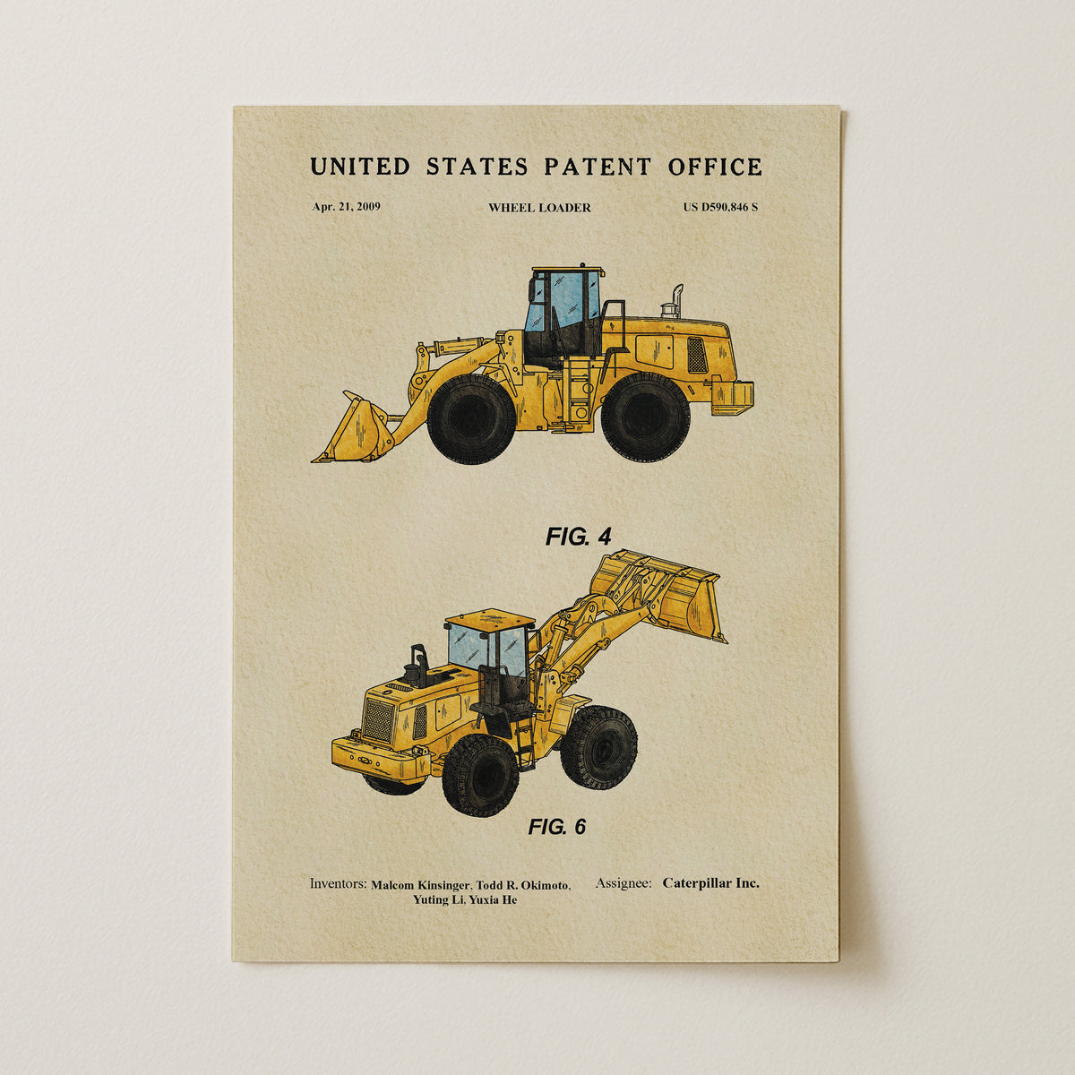 The image is a patent application for a wheel loader, featuring two illustrations of the same type of construction vehicle.
