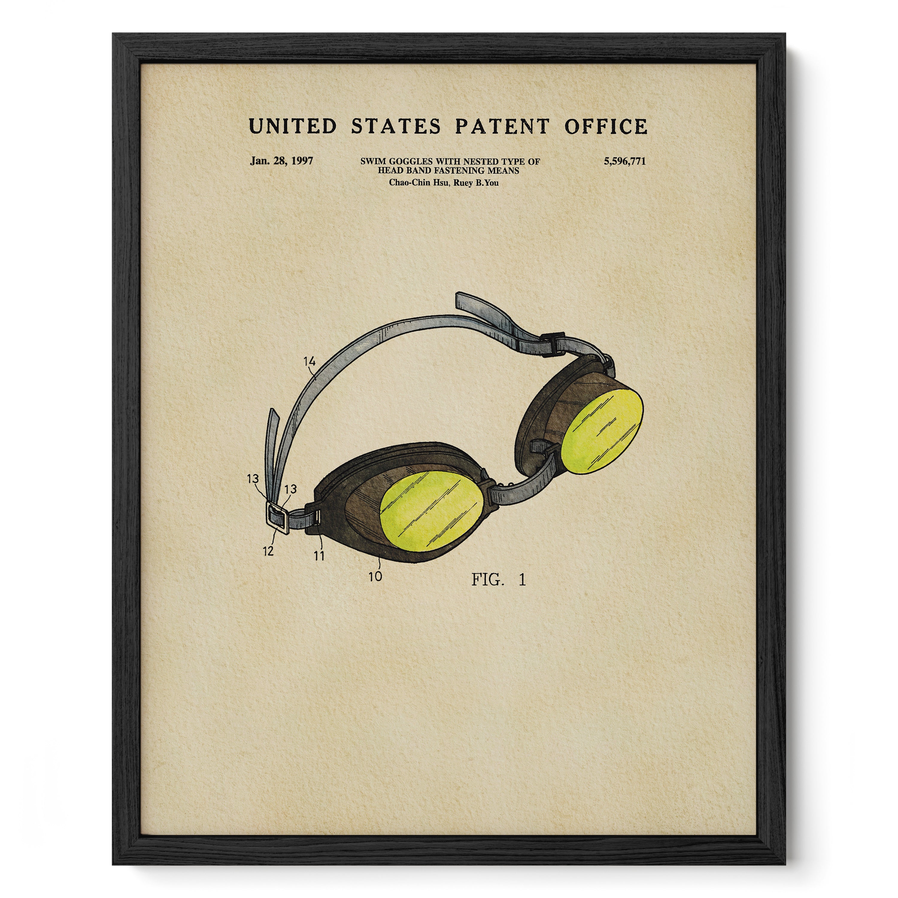 The image is a framed patent drawing of a pair of swim goggles with a yellow lens, depicting the design and features of the goggles.