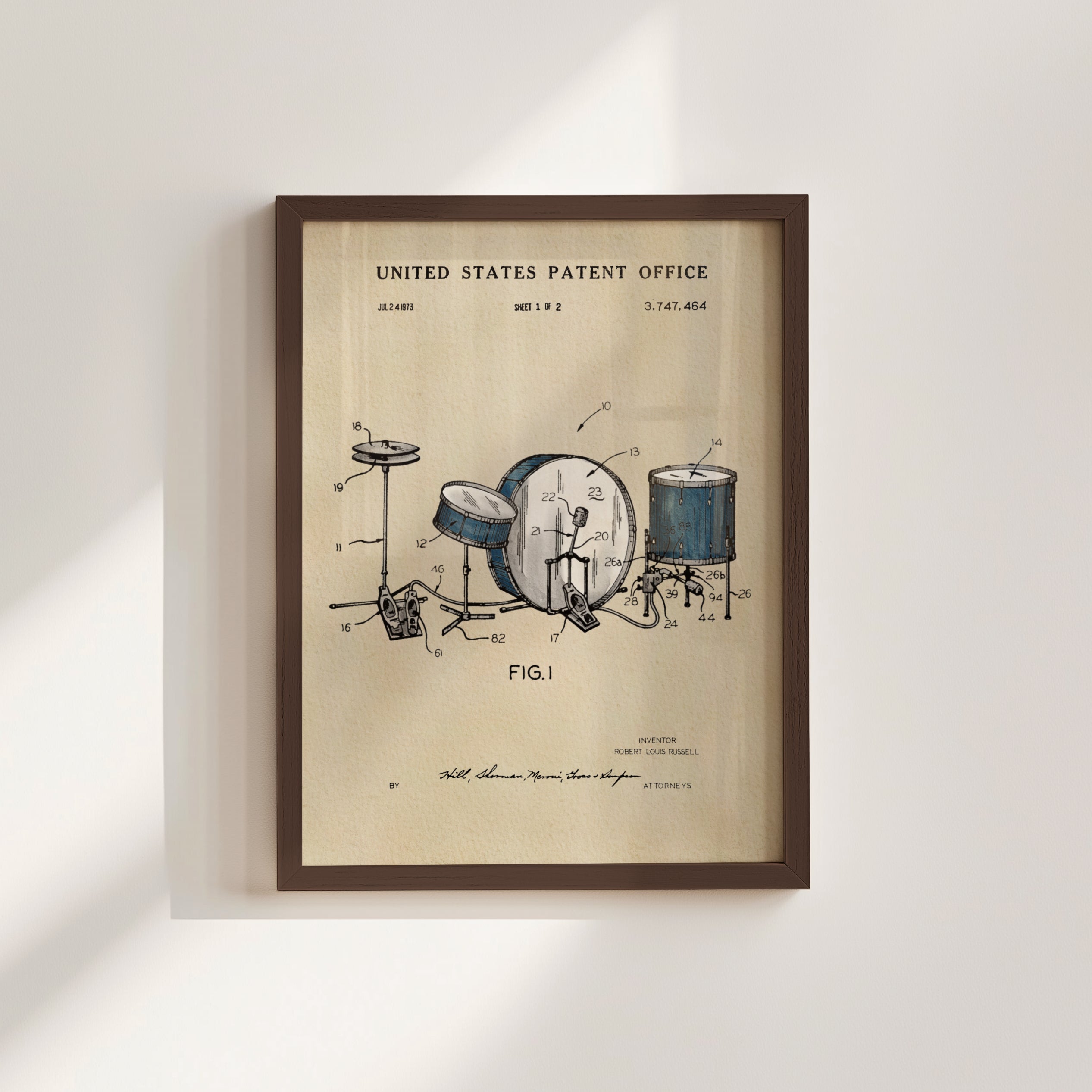 The image is a framed patent drawing depicting a drum set, with various technical drawings and labels.