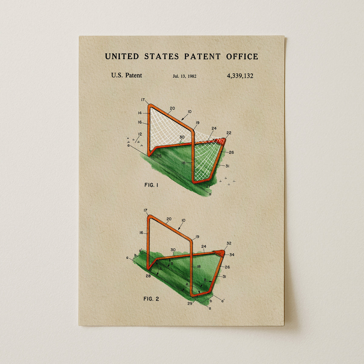 The image is a patent drawing depicting a green net with red bars, labeled as a "U.S. Patent" from April 13, 1962, valued at 4,339,132.