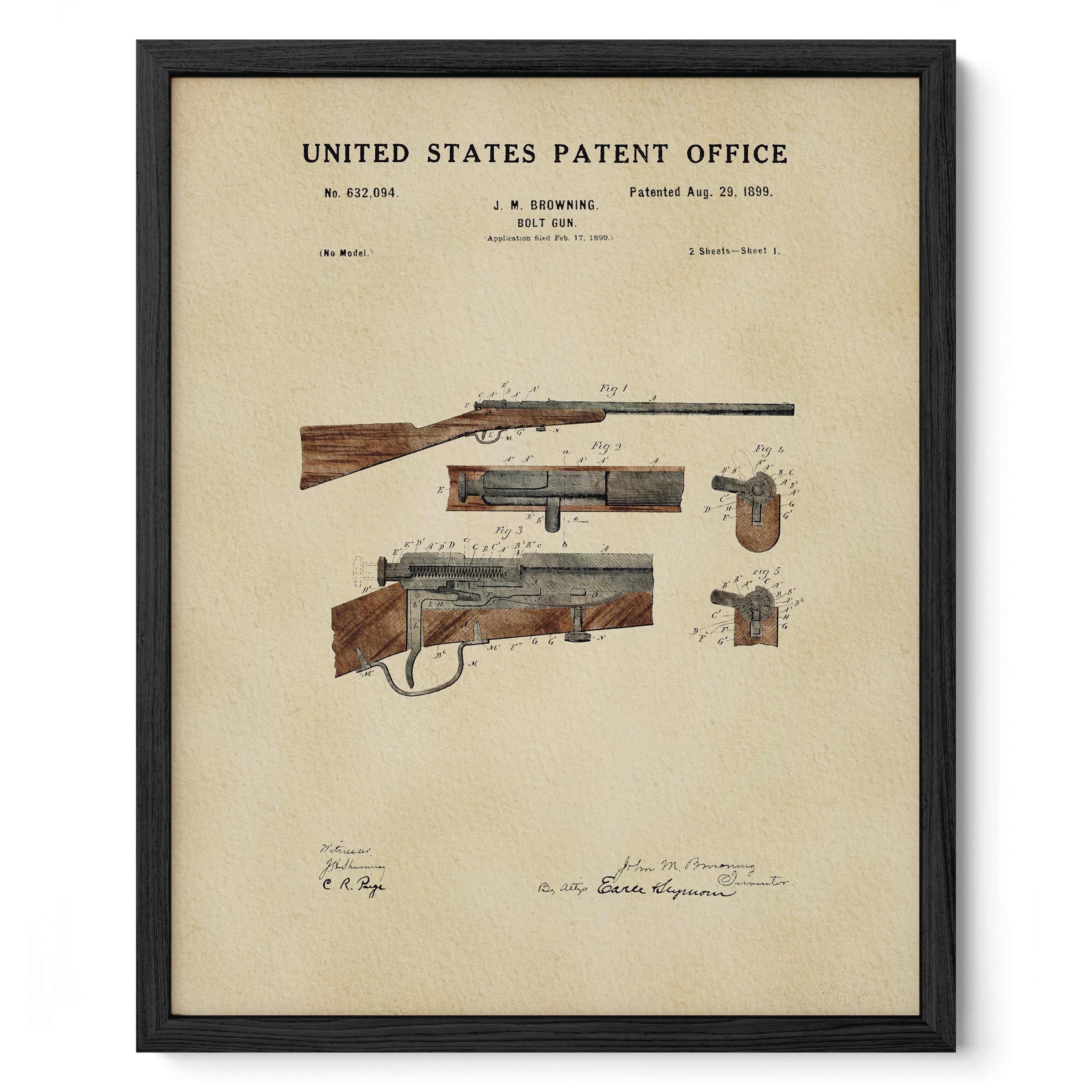 The image is a framed print of a United States patent from August 29, 1899, depicting a rifle.