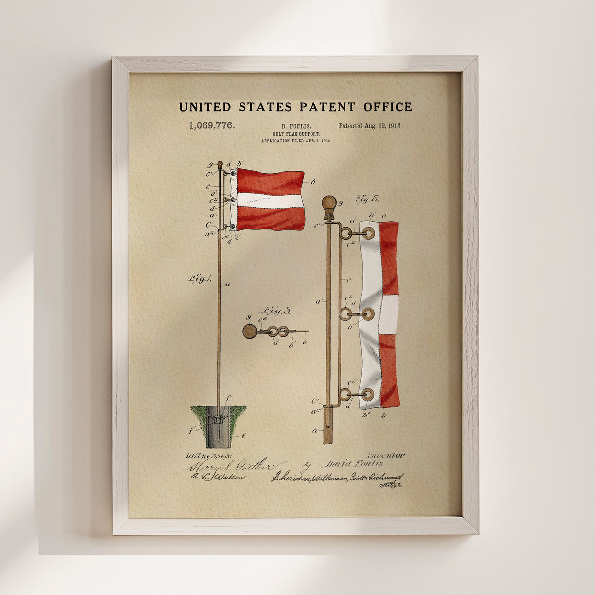The image is a framed patent drawing depicting a flagpole with a flag attached to it.