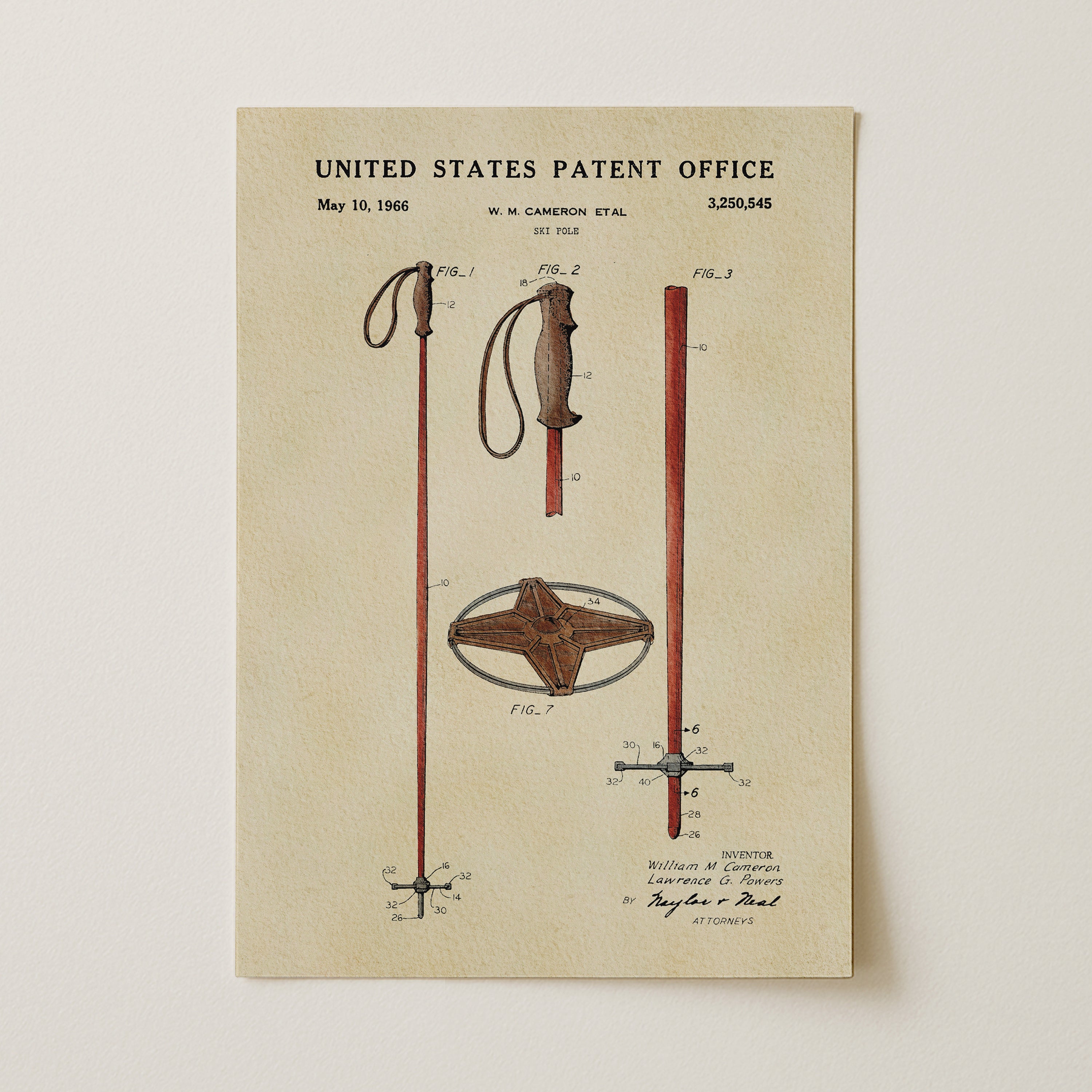 The image is a patent drawing from the United States Patent Office, dated May 10, 1966, depicting a ski pole and a ski lift.