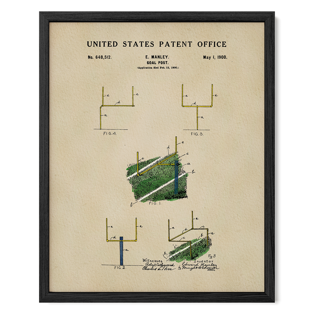 The image is a framed patent drawing from the United States Patent Office, depicting a football goal post with various technical drawings and annotations.