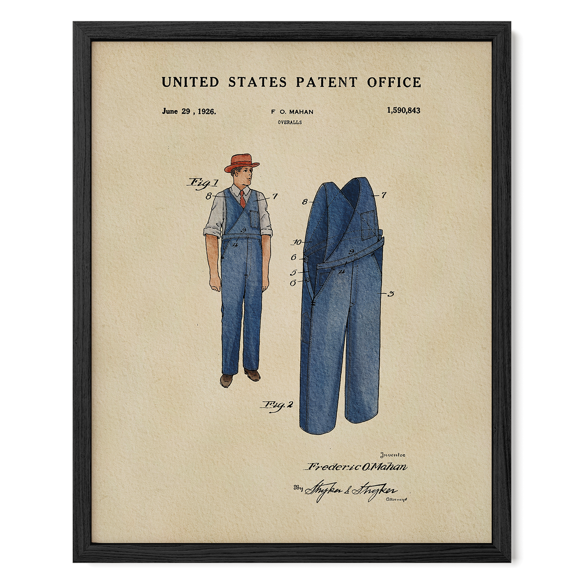 The image is a framed patent drawing depicting a man's outfit, including a hat and pants, with a title "United States Patent Office" at the top.