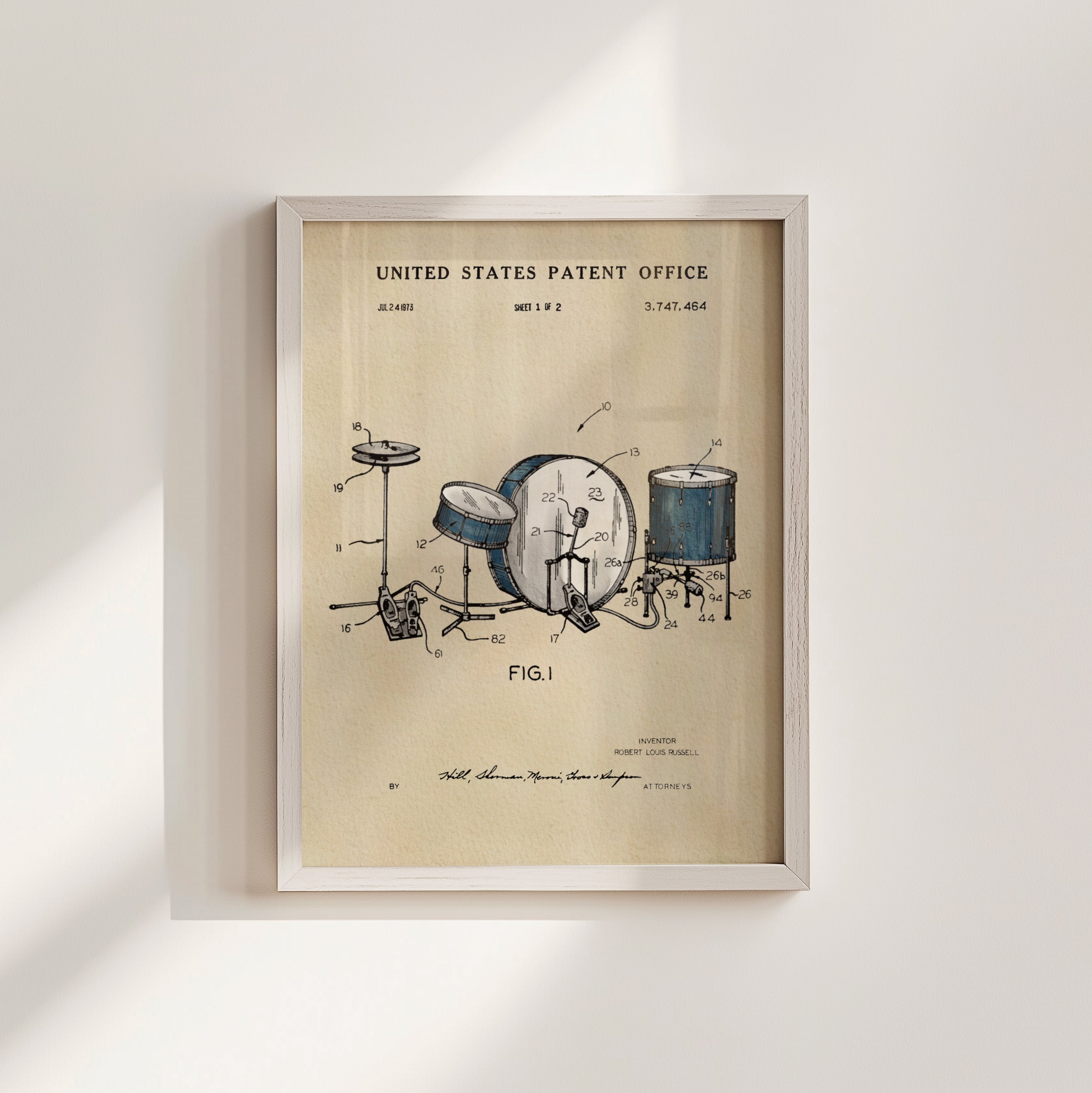 The image is a framed patent drawing depicting a drum set, with various technical drawings and labels.