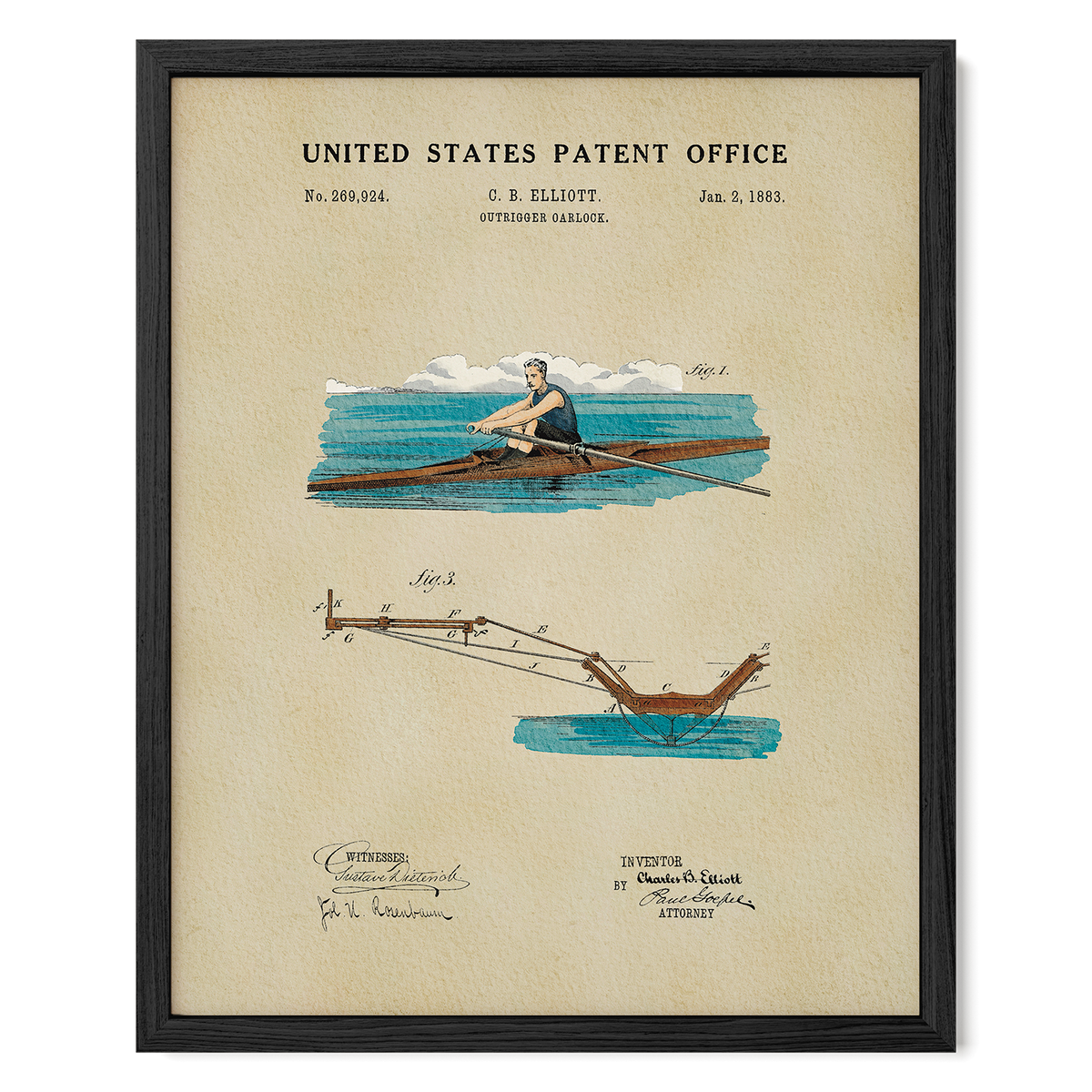 The image is a framed patent drawing depicting a rowing oar and a diagram of the rowing mechanism.