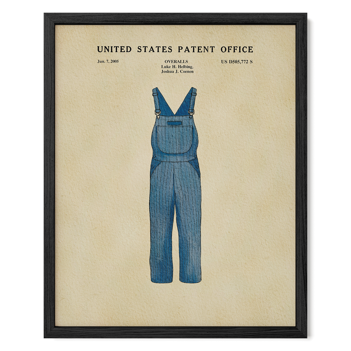 The image is a framed print of a United States patent office patent from June 5, 2005, titled "Overalls, L.H. Hening, Joshua H. Coenen".
