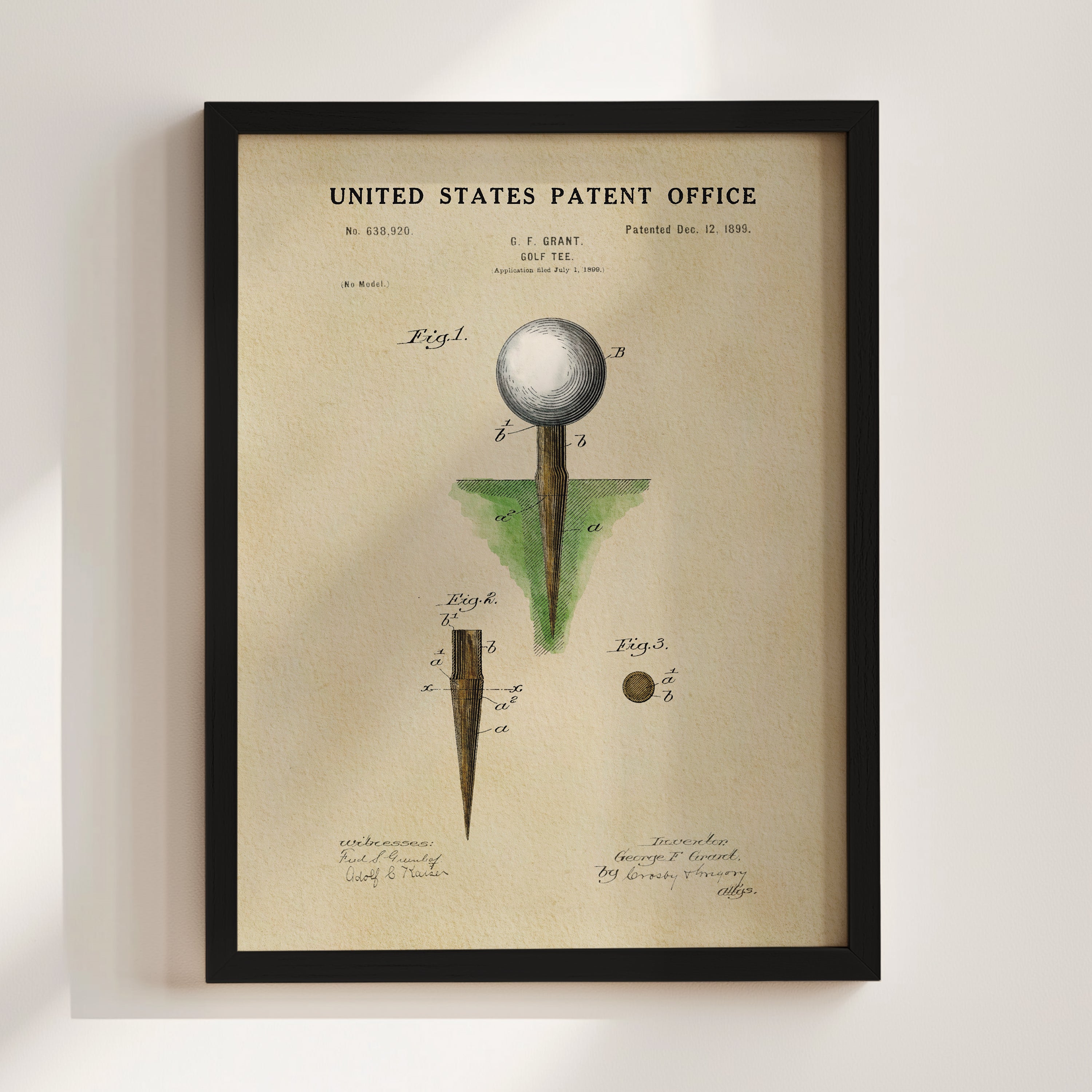 The image is a framed patent drawing depicting a golf club with a white ball on top, along with various technical drawings and annotations.