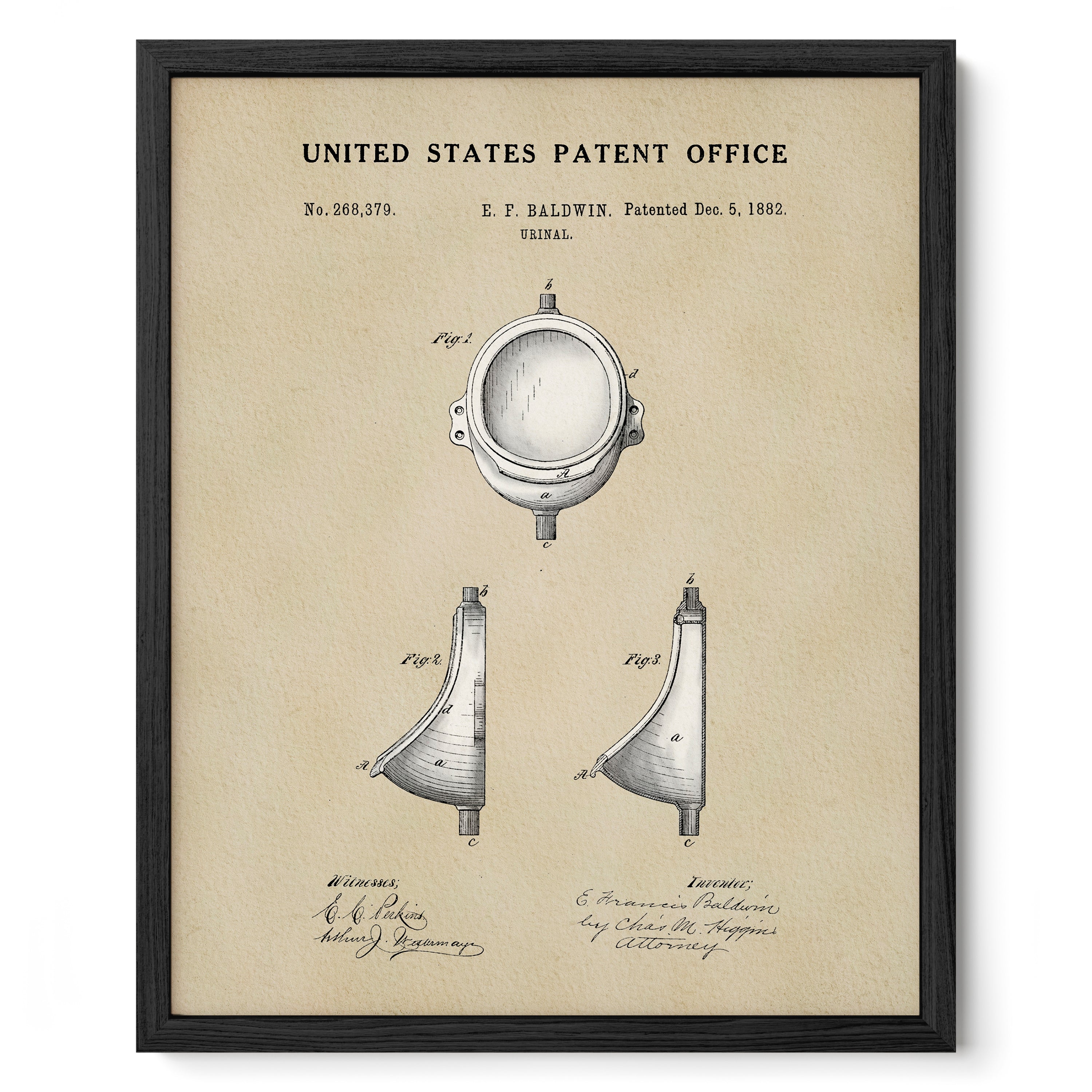 The image is a framed print of a United States patent office patent from 1882, featuring a detailed drawing and description of a device with a circular head and a curved body.