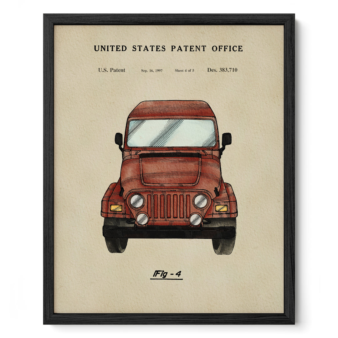 The image is a framed print depicting a red jeep, which appears to be a patent illustration.