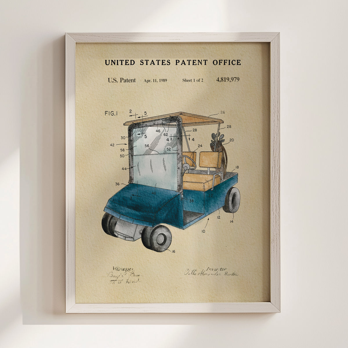 The image is a framed patent drawing depicting a golf cart, with various technical drawings and annotations.