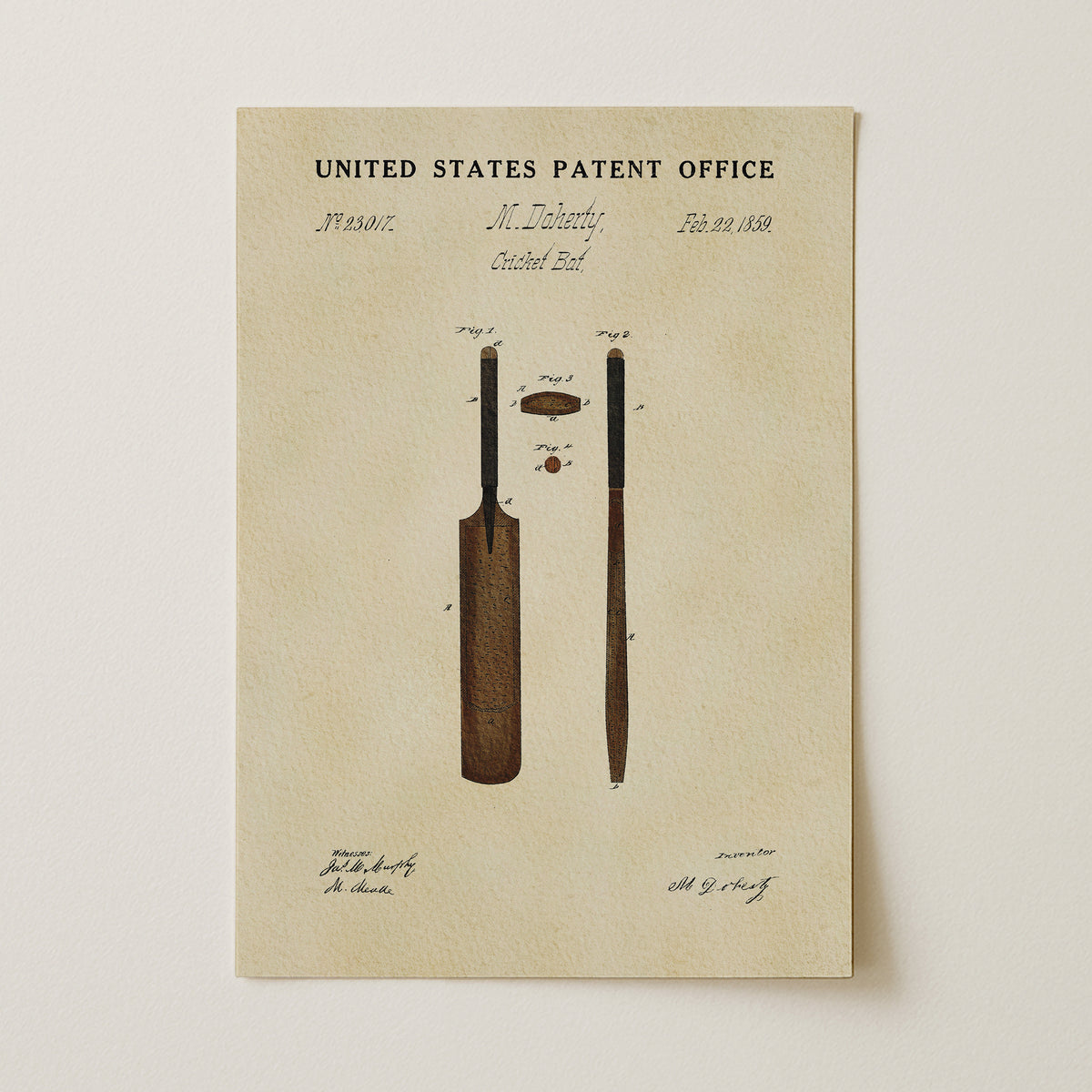The image is a patent drawing of a cricket bat and ball, depicting the original design of the cricket bat and ball.