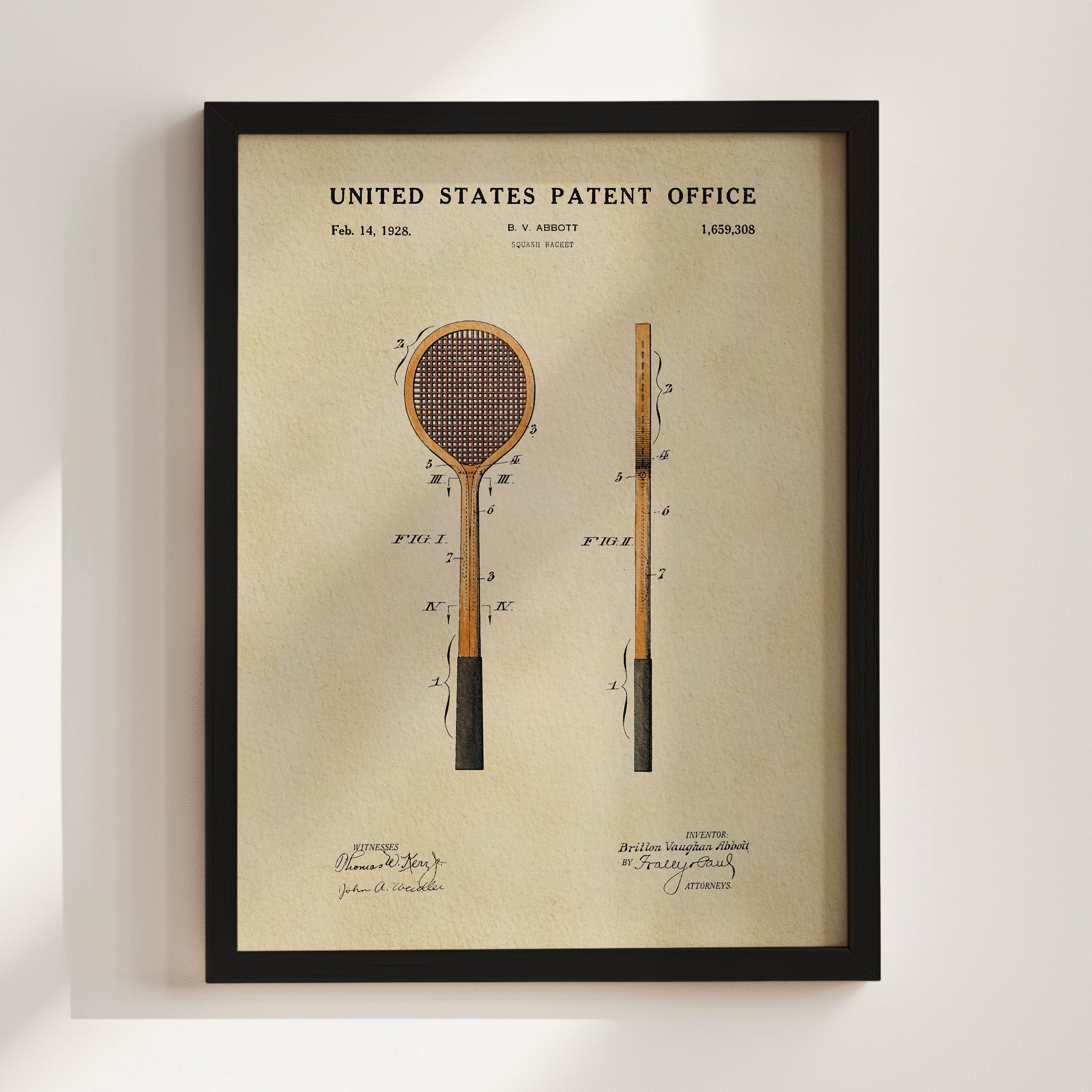 The image is a framed patent drawing of a tennis racket from the United States Patent Office, dated February 14, 1928.
