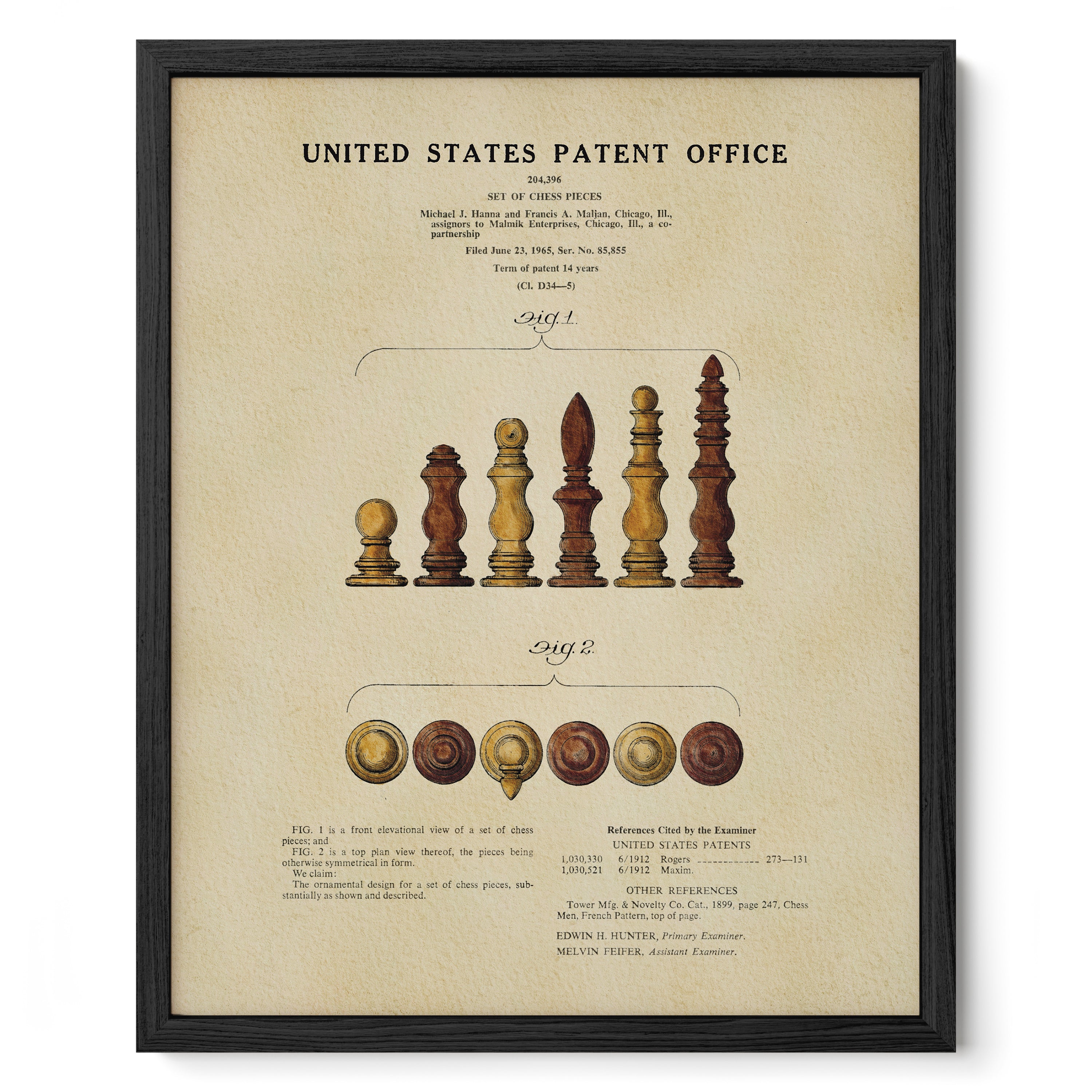 The image is a framed vintage patent office patent from the United States, featuring a detailed illustration of chess pieces and their corresponding patent applications.