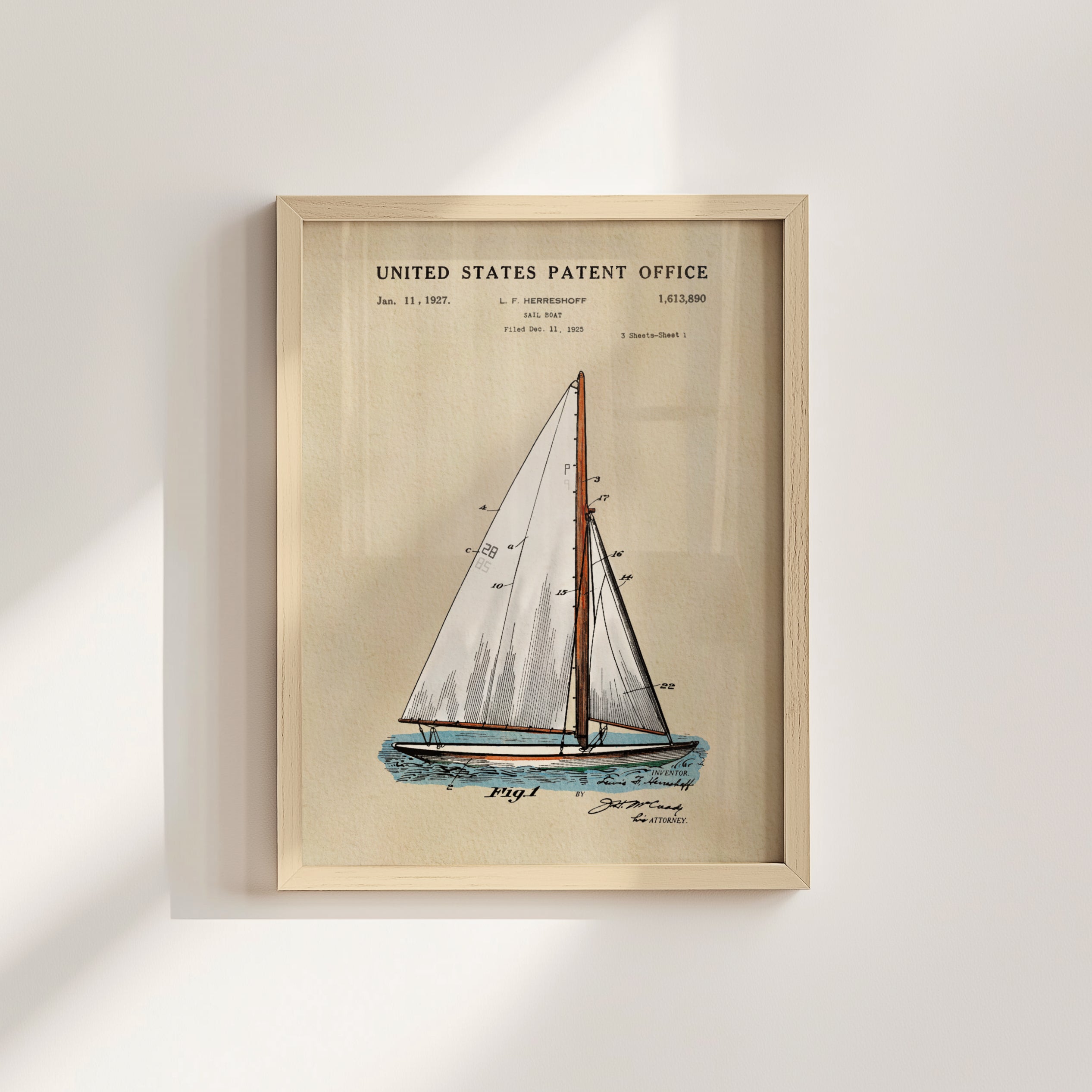 The image is a framed print of a United States patent office patent from January, 1827, featuring a drawing of a sailboat.
