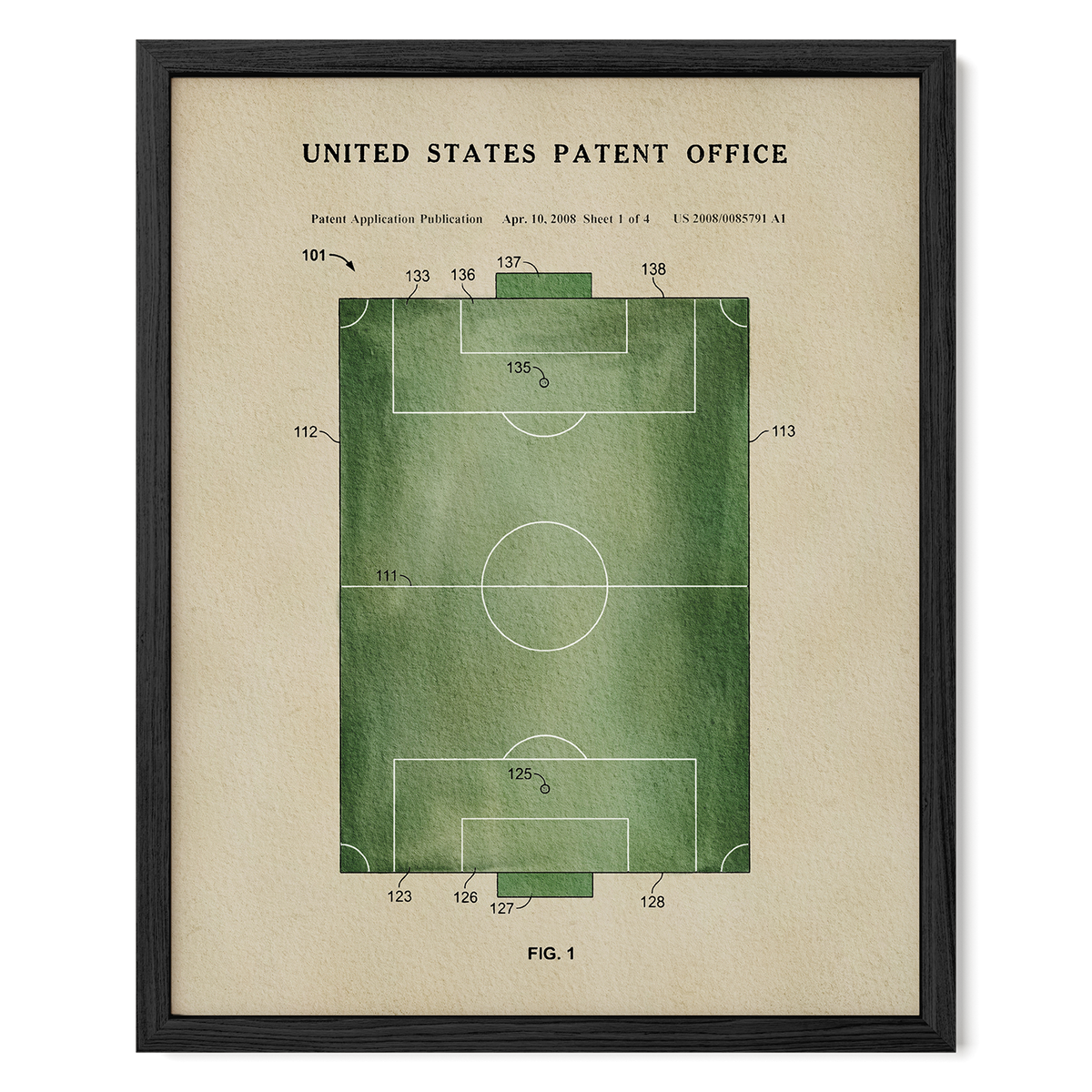 The image is a framed print depicting a patent application for a soccer field, with a green field and white markings.