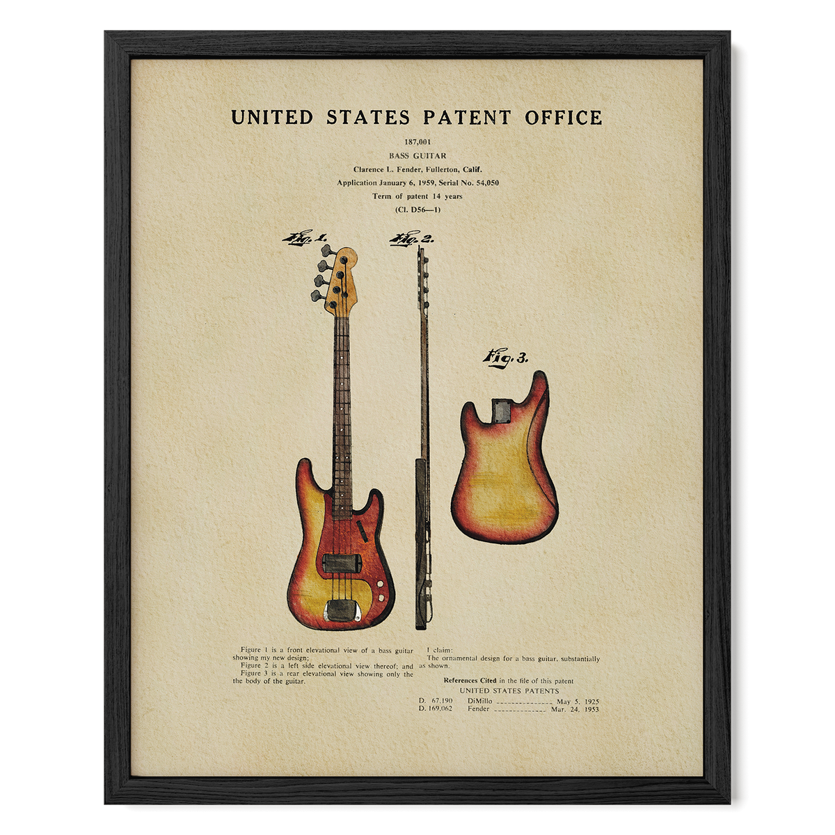 The image is a framed patent office patent for a guitar, featuring two different types of guitars, one with a brown finish and the other with a yellow finish.