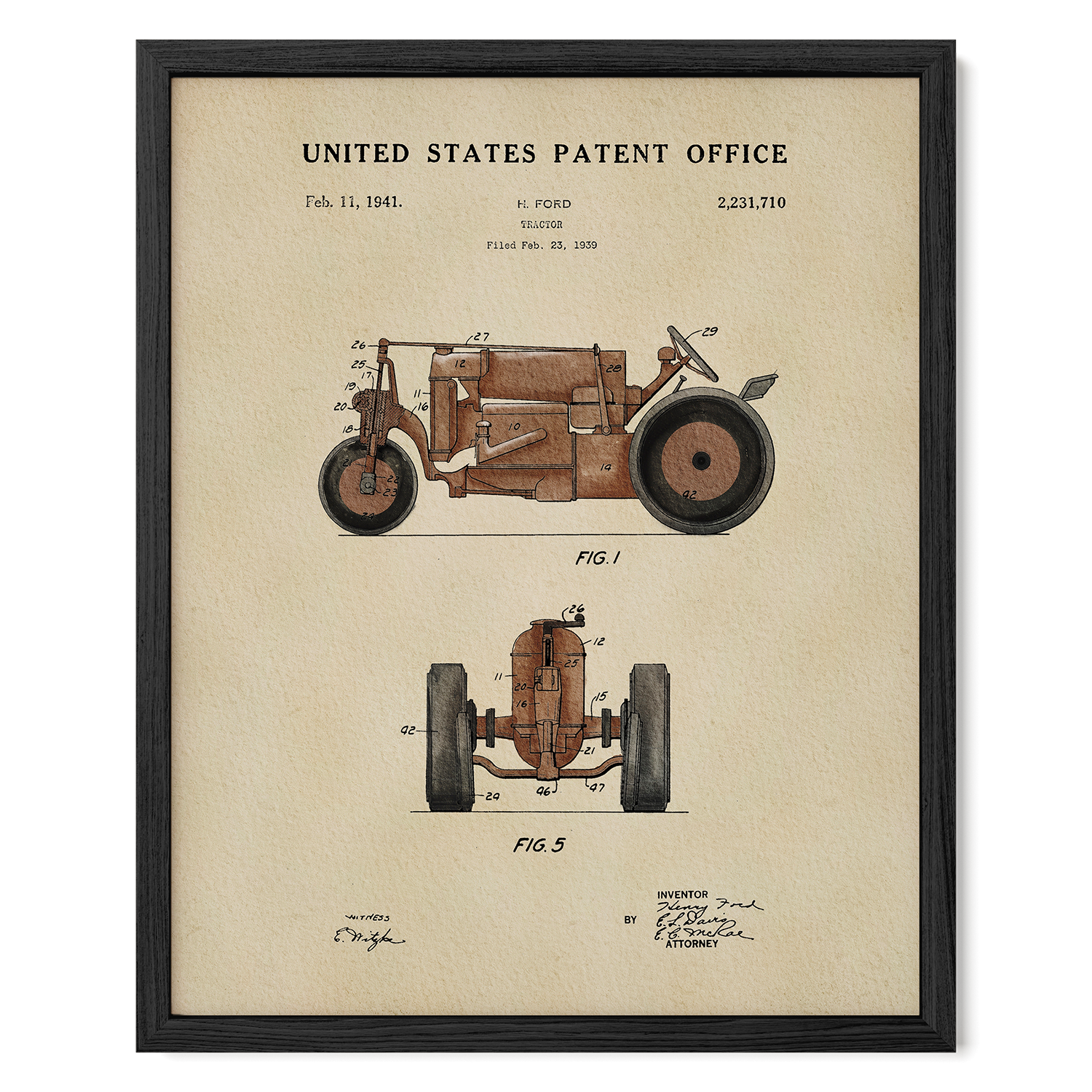 The image is a framed patent drawing of a tractor, depicting its design and features.