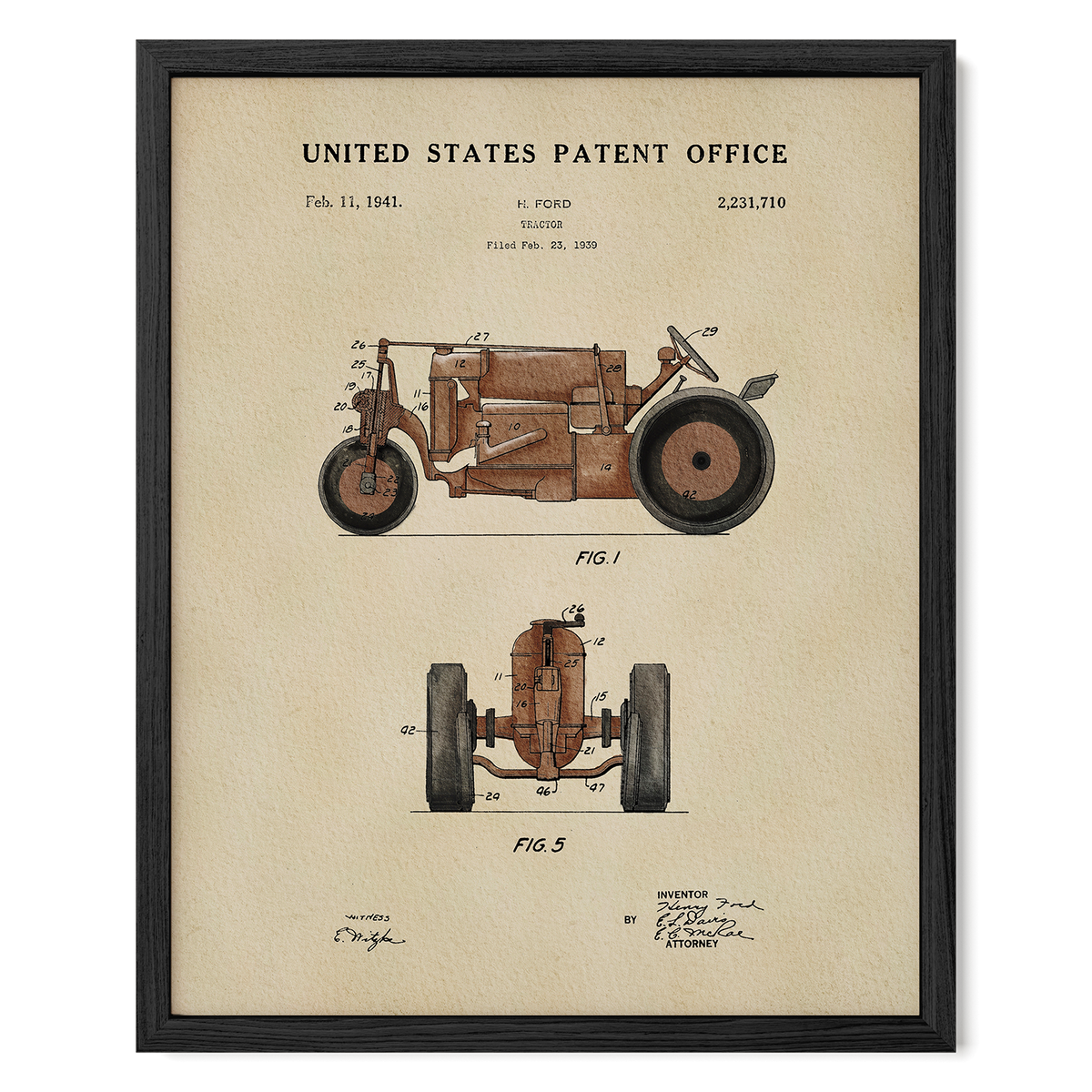 The image is a framed patent drawing of a tractor, depicting its design and features.