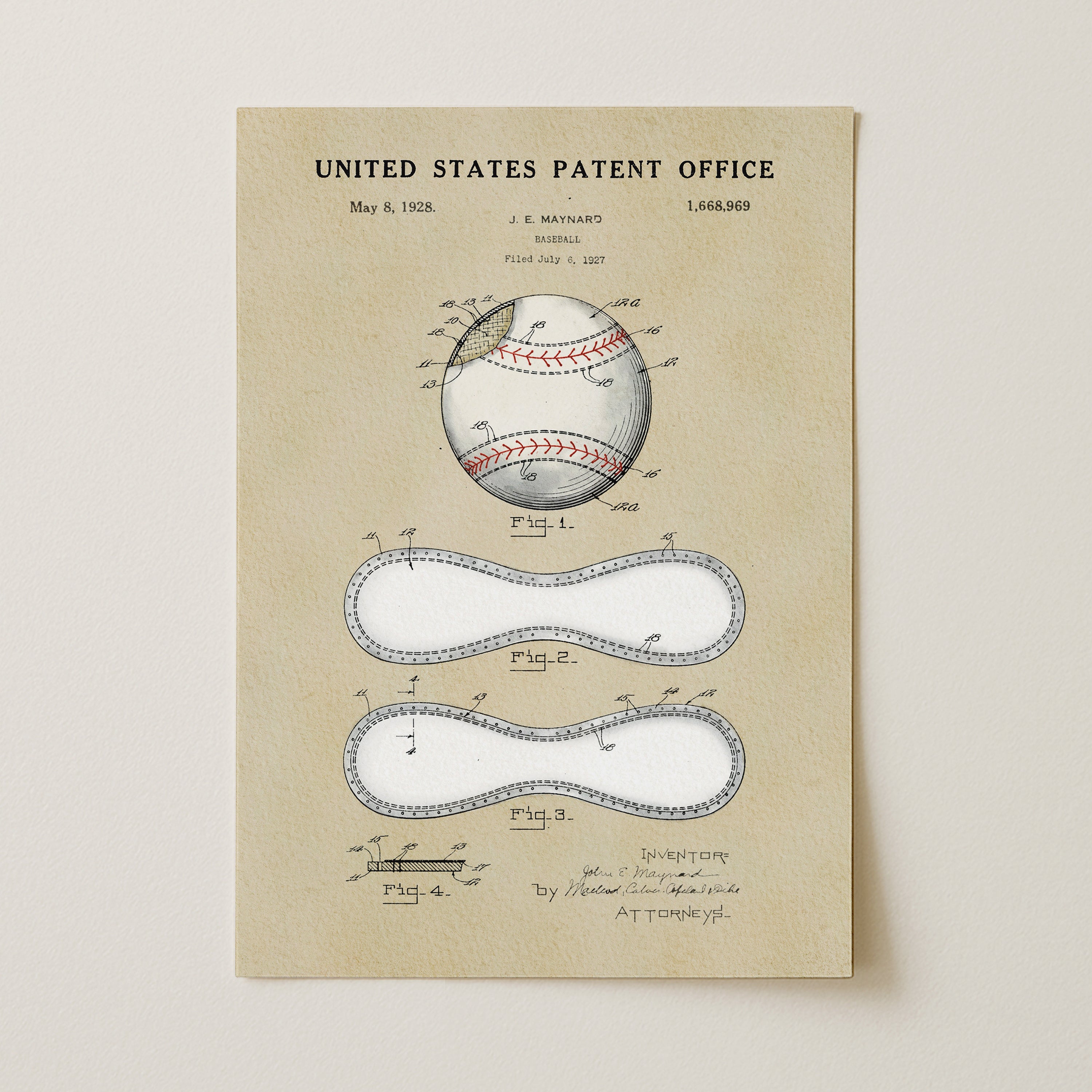 The image is a vintage United States patent office patent drawing for a baseball, featuring detailed drawings and specifications of the baseball and its components.
