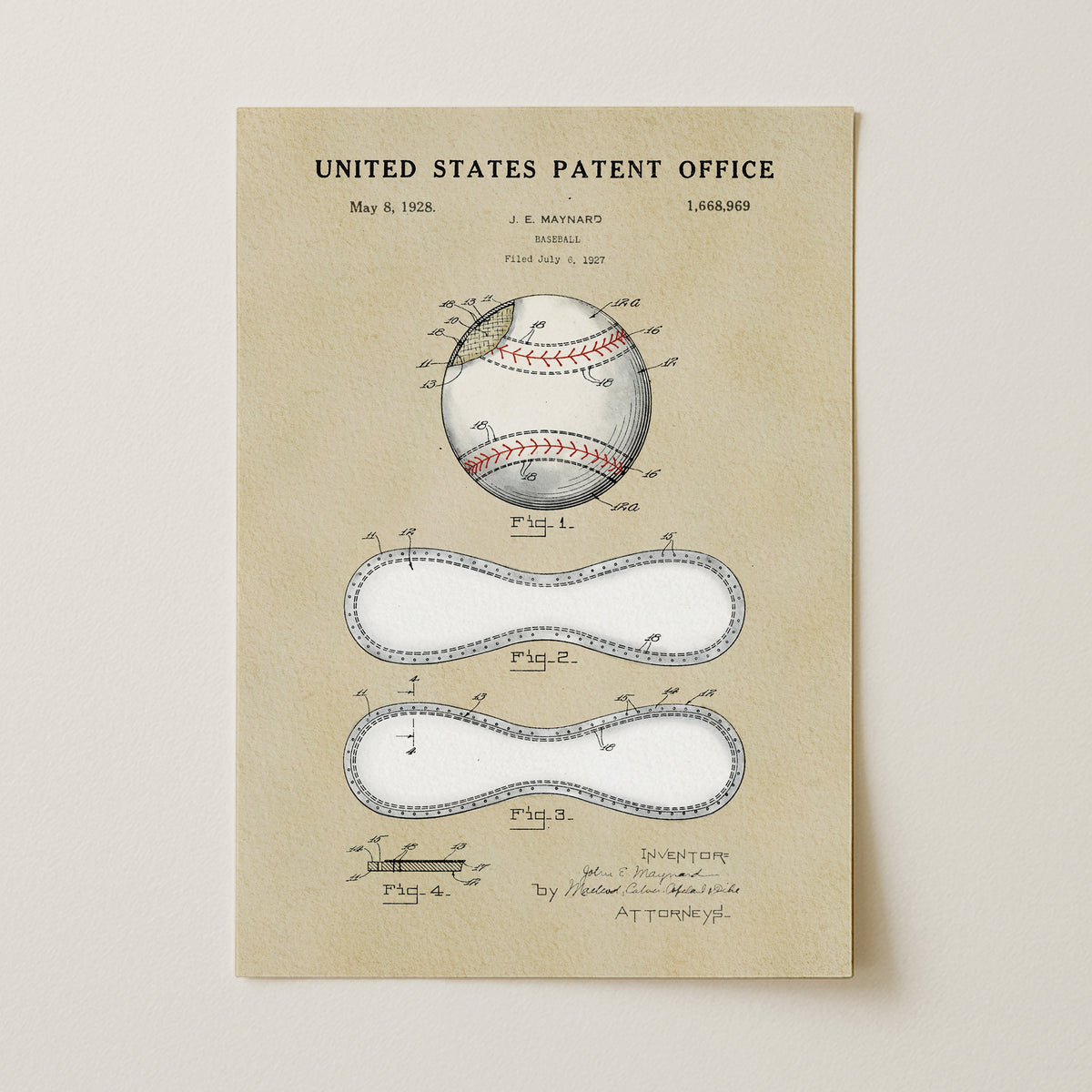 The image is a vintage United States patent office patent drawing for a baseball, featuring detailed drawings and specifications of the baseball and its components.