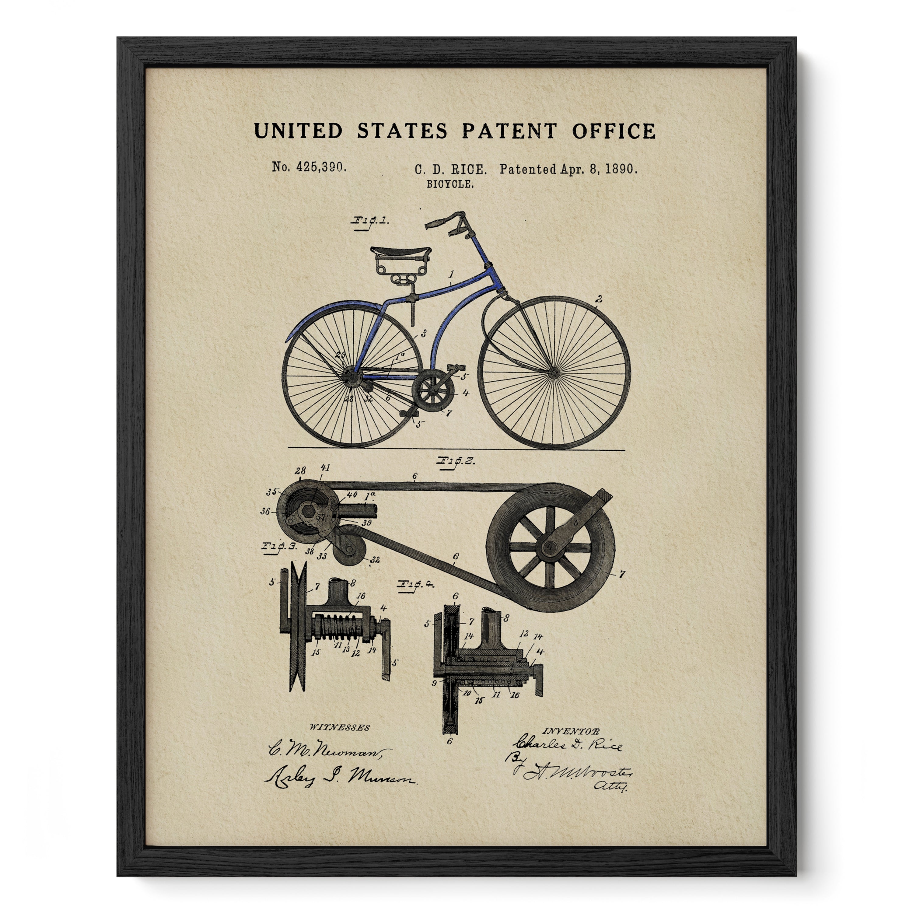 The image is a framed print featuring a vintage bicycle patent drawing from the United States Patent Office.