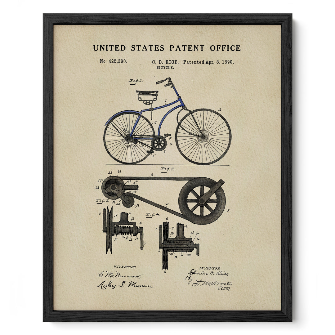 The image is a framed print featuring a vintage bicycle patent drawing from the United States Patent Office.