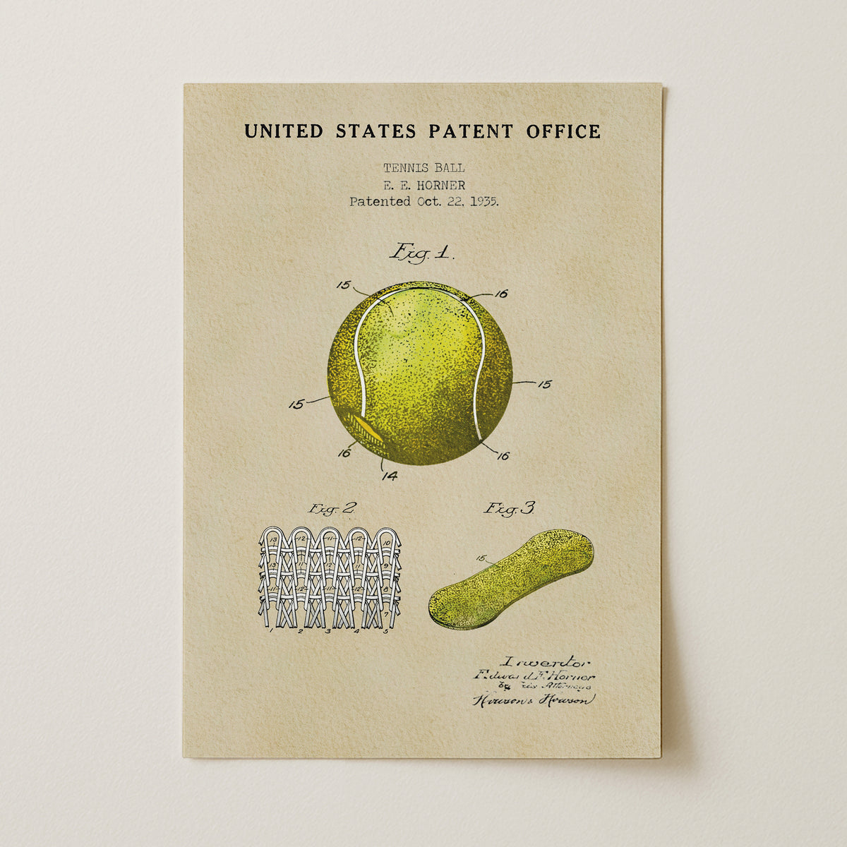 The image is a vintage patent drawing depicting a tennis ball and a tennis racket, with accompanying drawings and text.