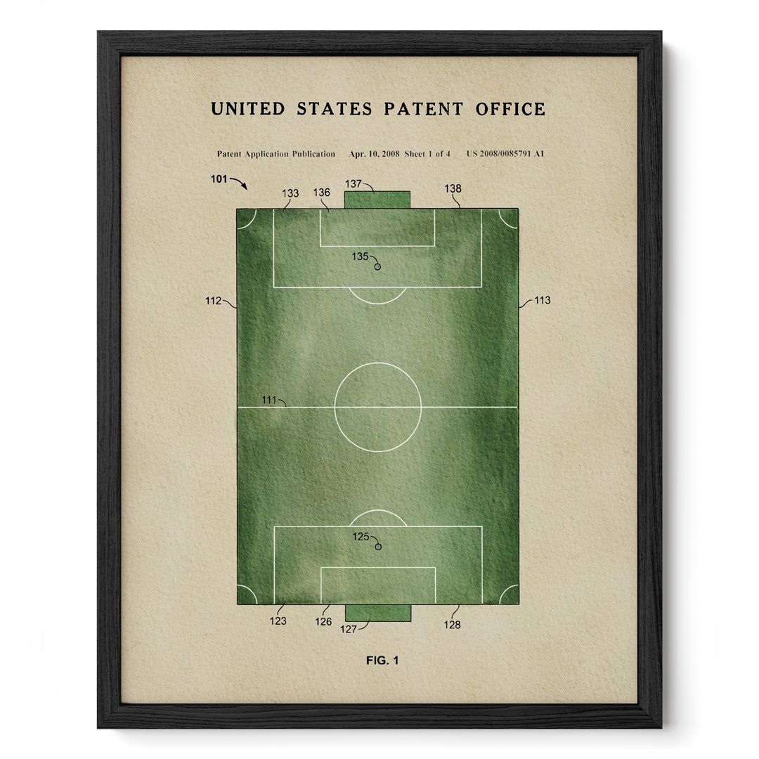 The image is a framed print depicting a patent application for a soccer field, with various measurements and annotations.