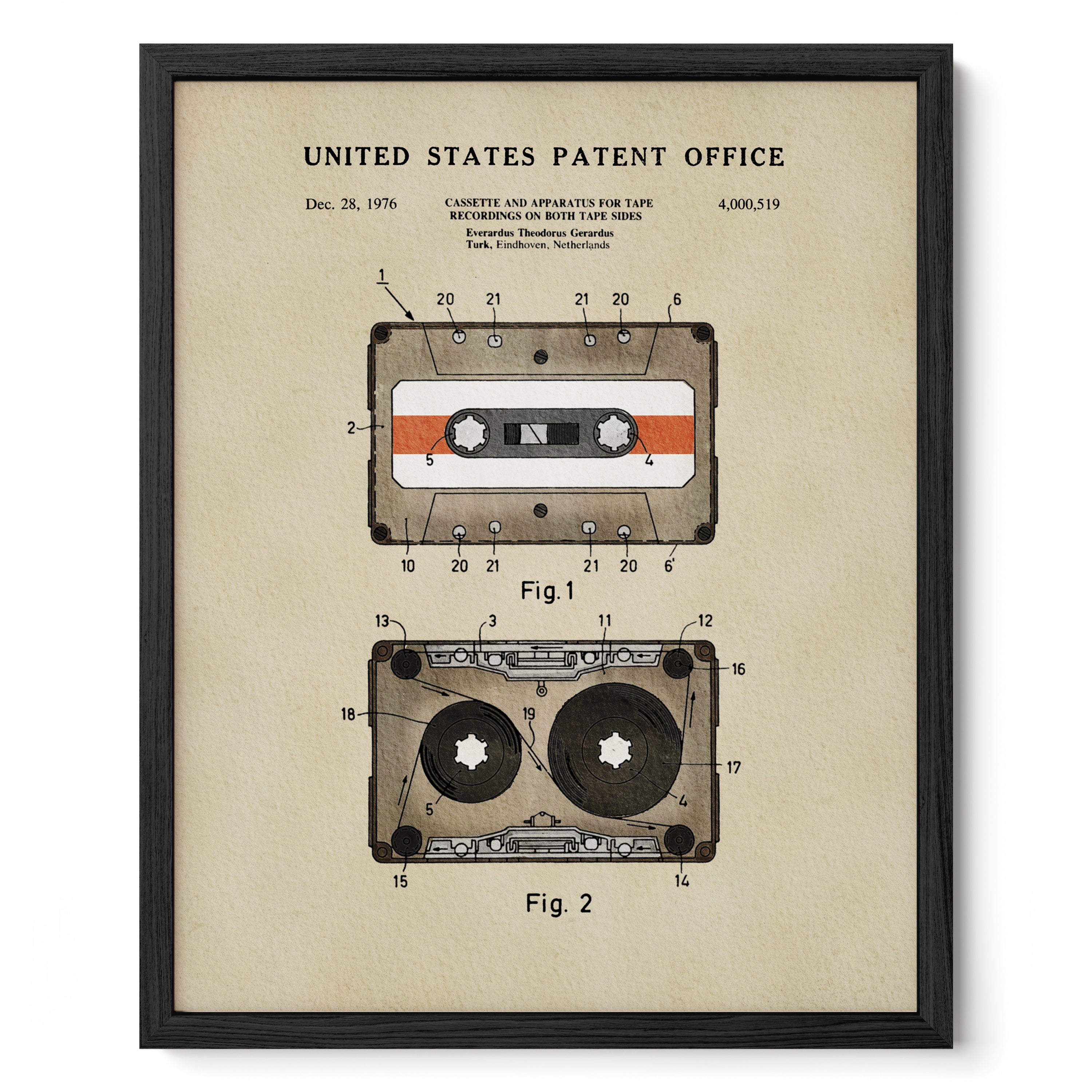 The image is a framed print of a United States patent office patent from December 28, 1976, for a cassette and audio tape.