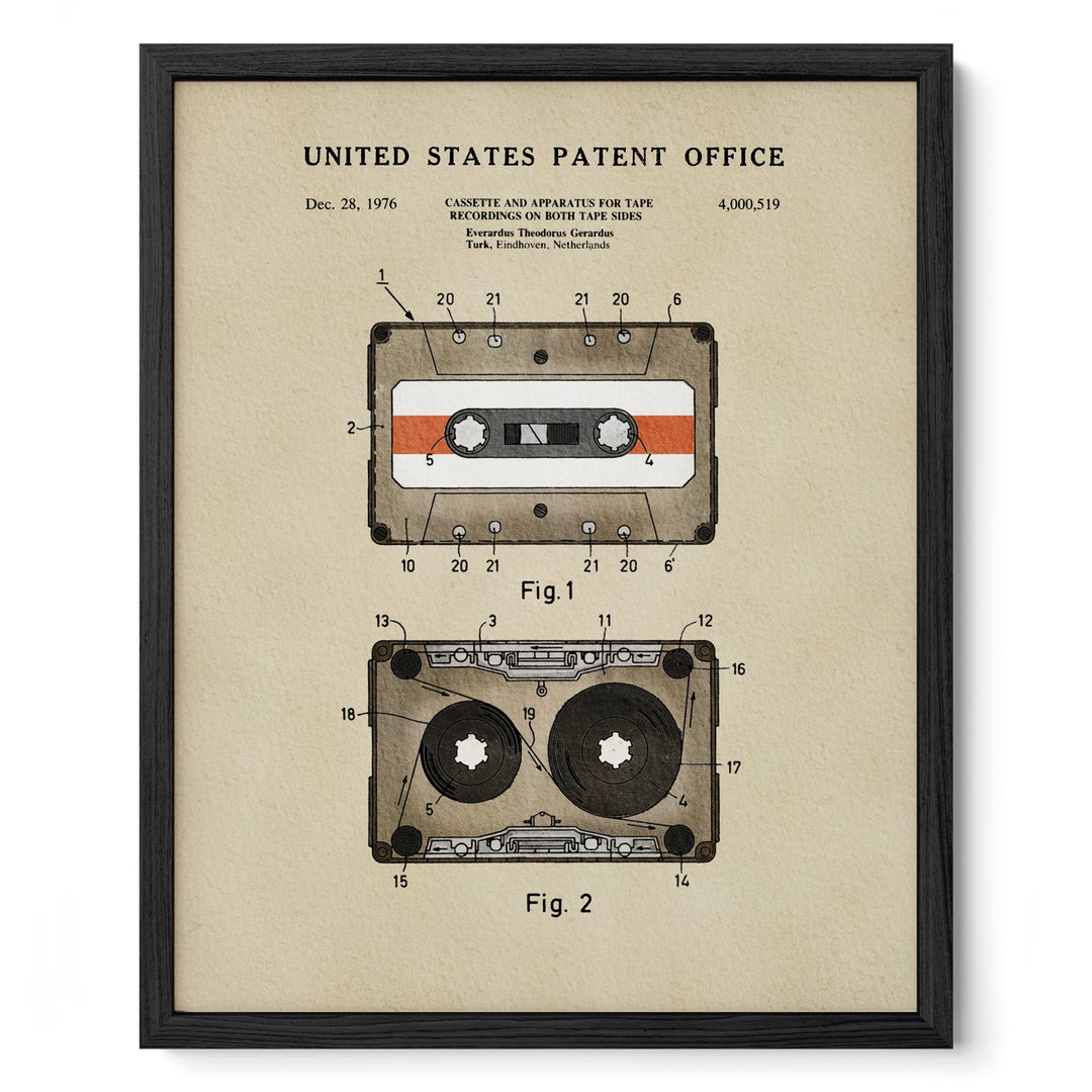 The image is a framed print of a United States patent office patent from December 28, 1976, for a cassette and audio tape.