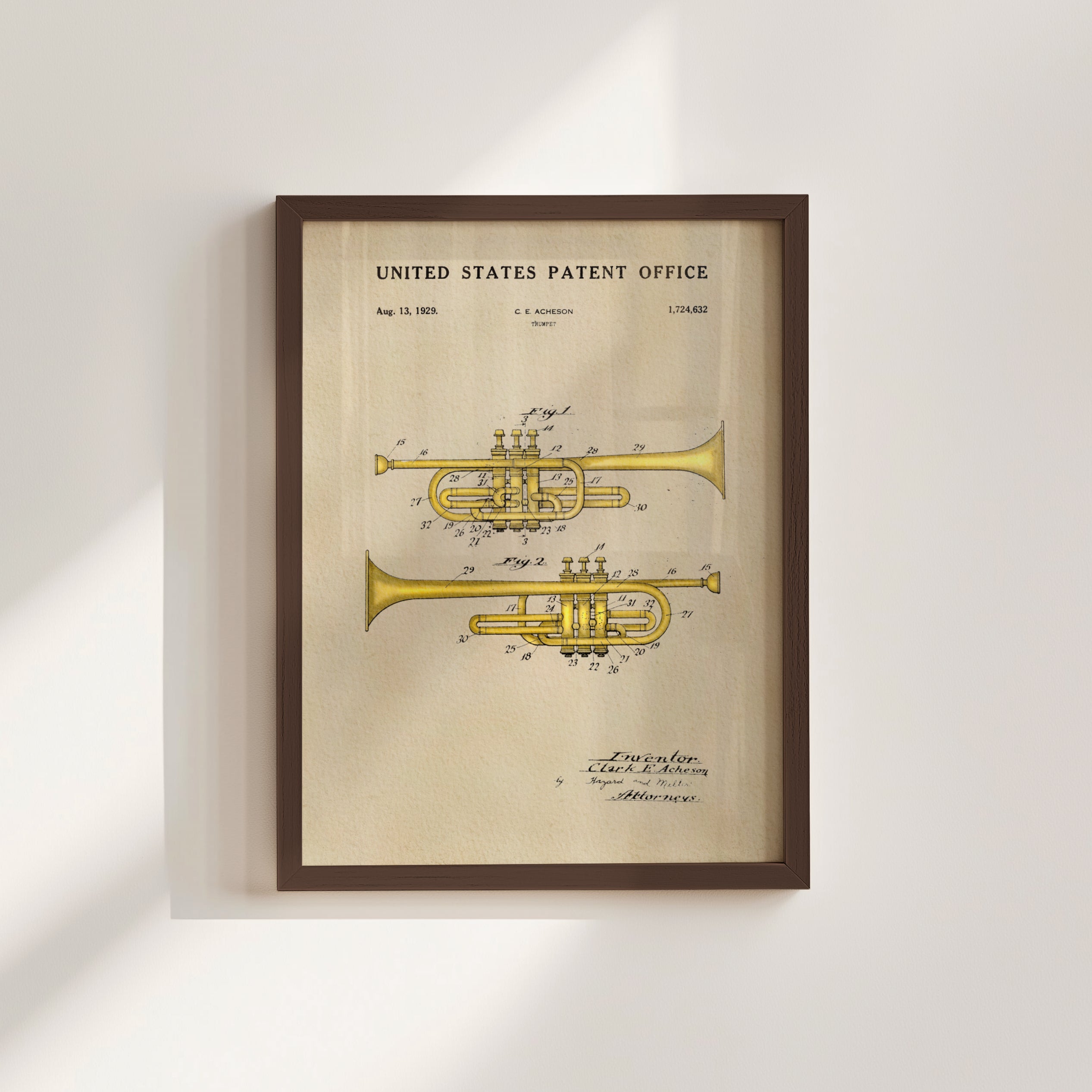 The image is a framed patent drawing of a trumpet, depicting the design and features of the instrument.