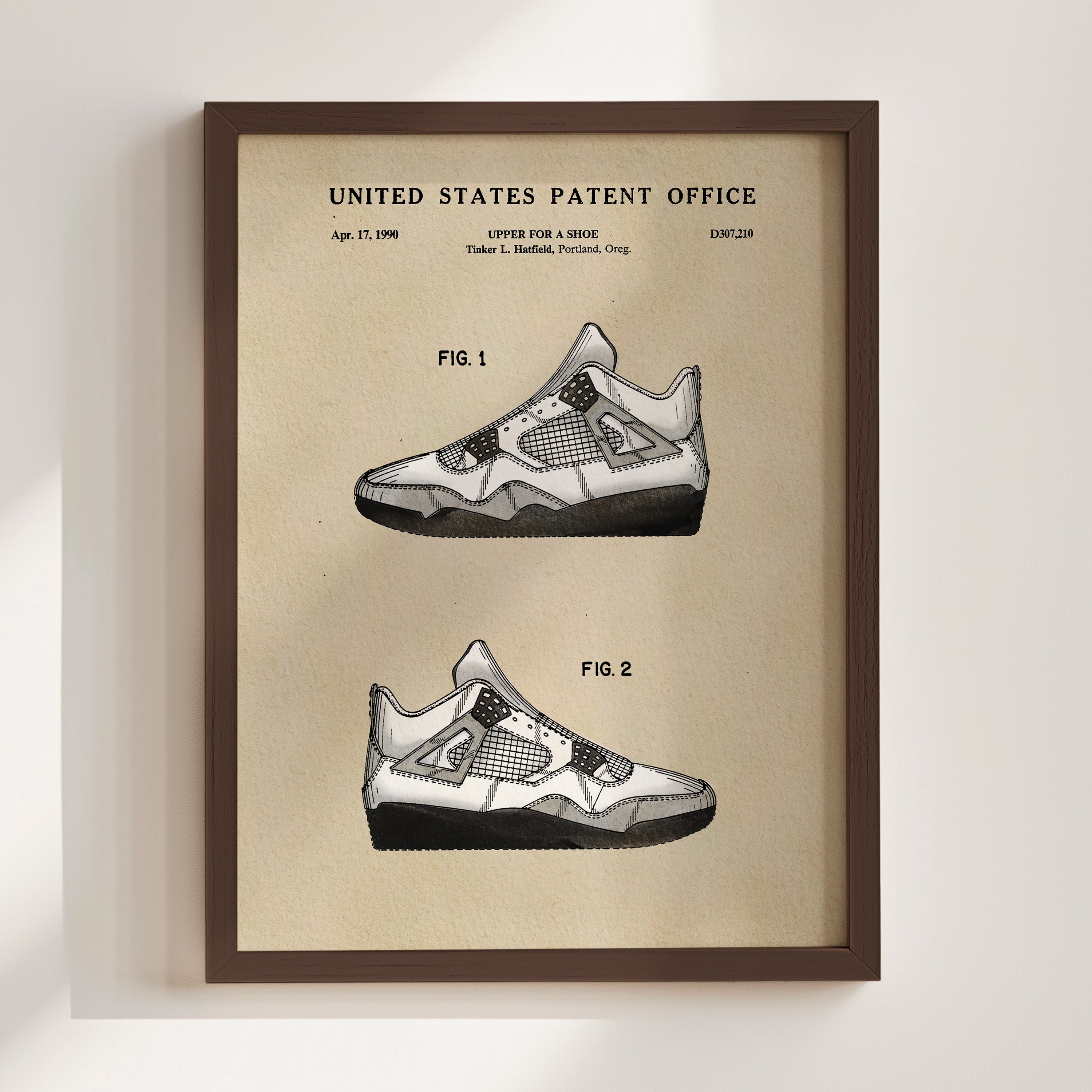 The image is a framed print depicting two patent applications for a shoe design, with a focus on the upper part of the shoe.