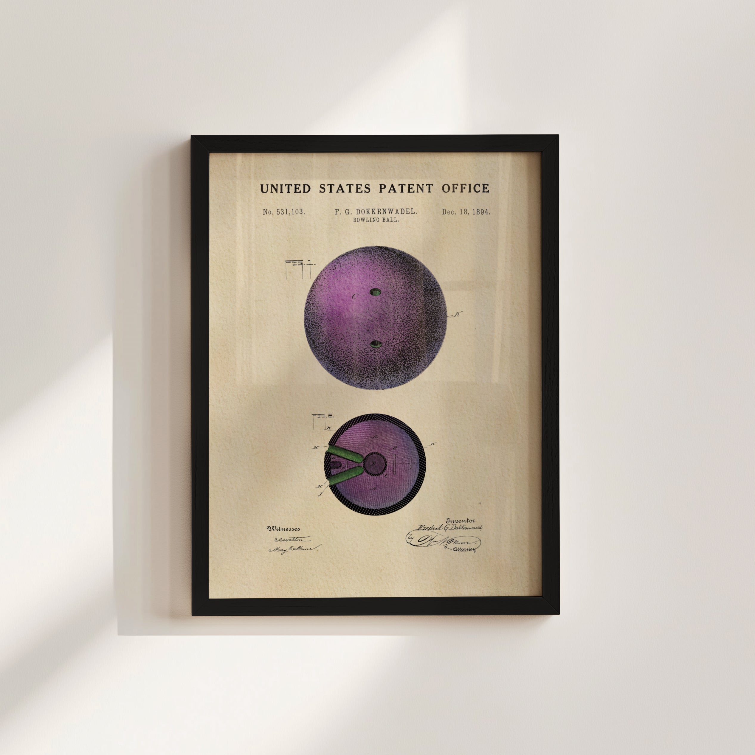 The image is a framed patent drawing depicting a bowling ball with a purple color and two holes in it.