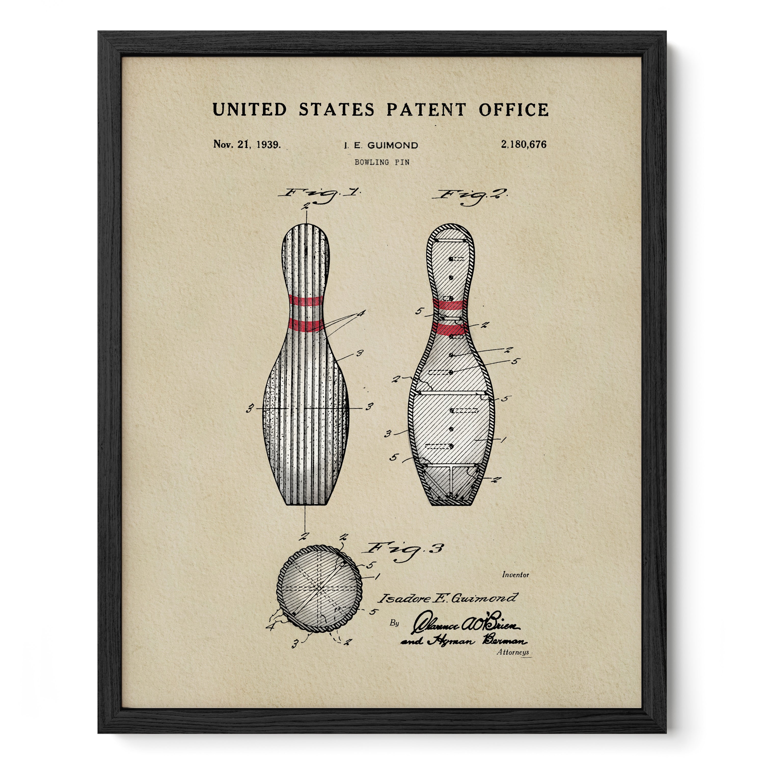 The image is a framed patent drawing of a bowling pin from the United States Patent Office, dated November 21, 1938.