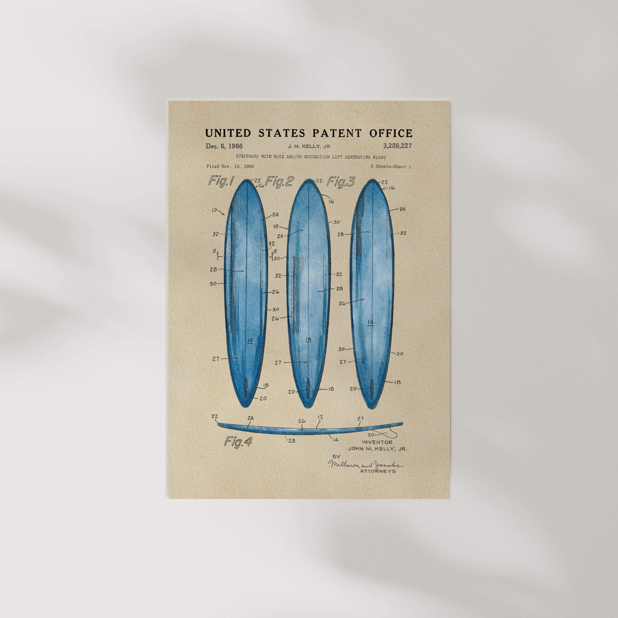 The image is a printed patent drawing depicting three blue surfboards with detailed technical drawings and measurements.