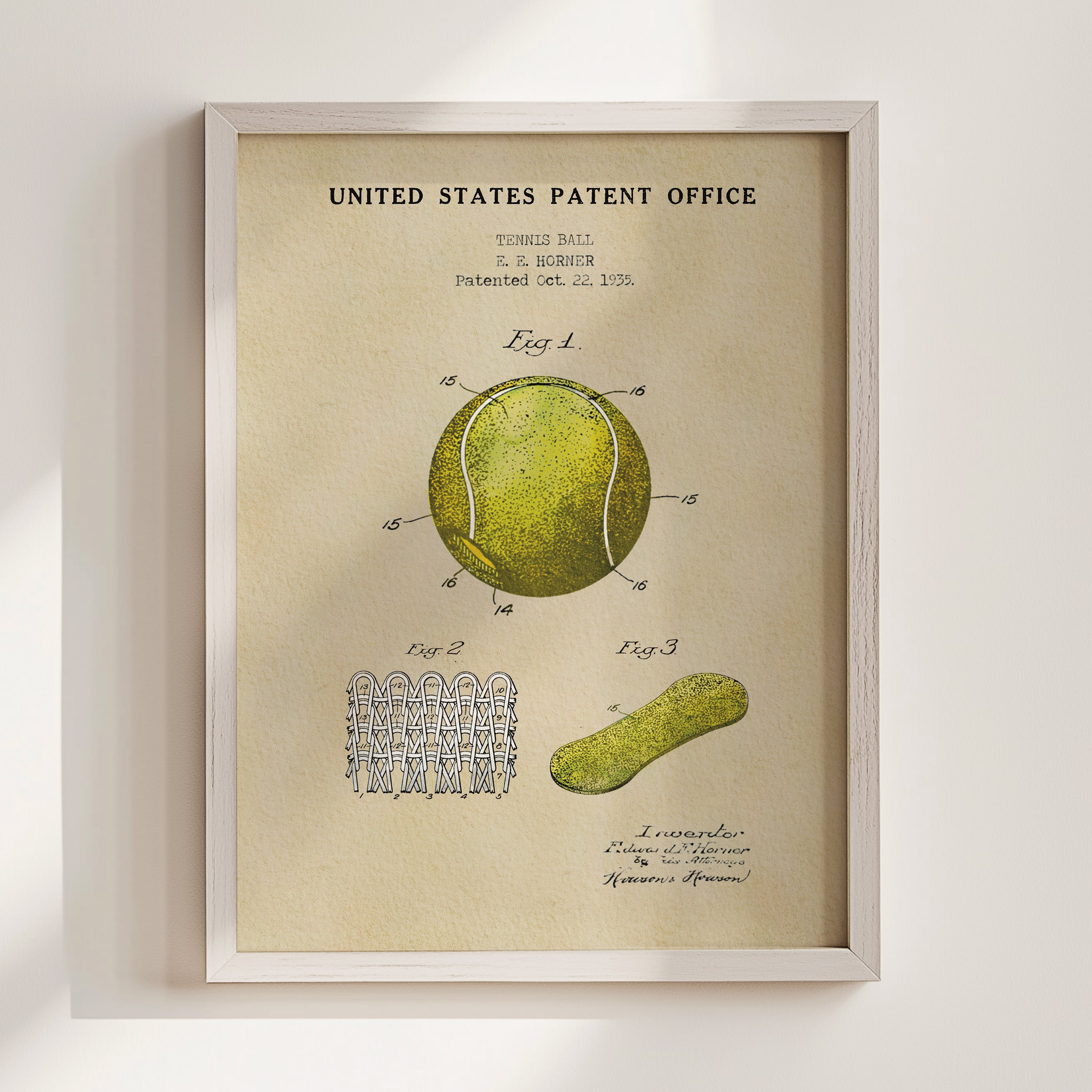 The image is a framed patent drawing depicting a tennis ball and a tennis racket, with accompanying technical drawings and text.
