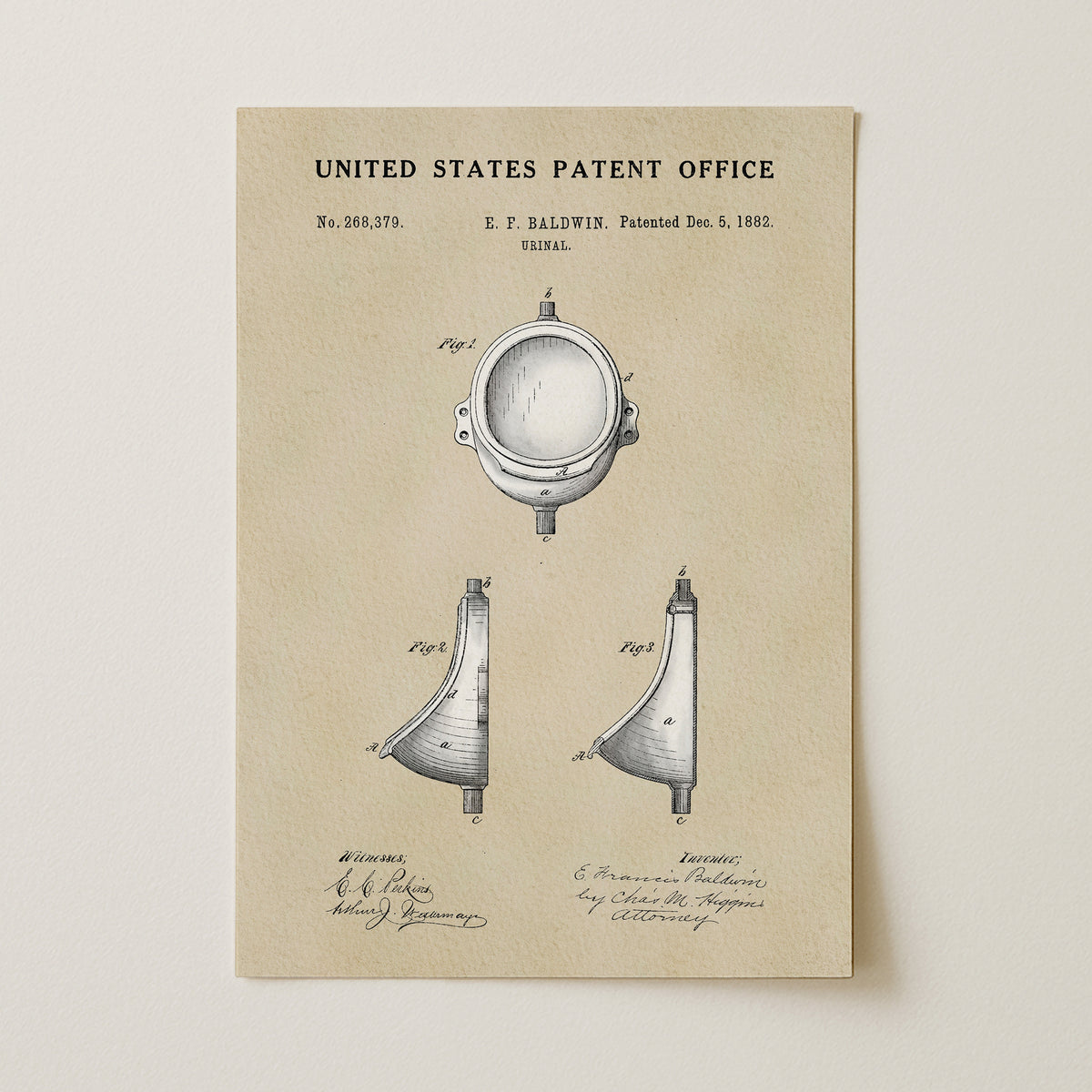 The image is a patent drawing from the United States Patent Office, depicting a device with a round head and a curved body.