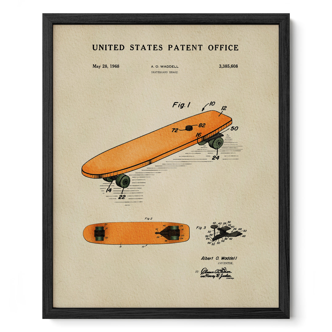 The image is a framed patent drawing of a skateboard from the United States Patent Office, dated May 28, 1968.
