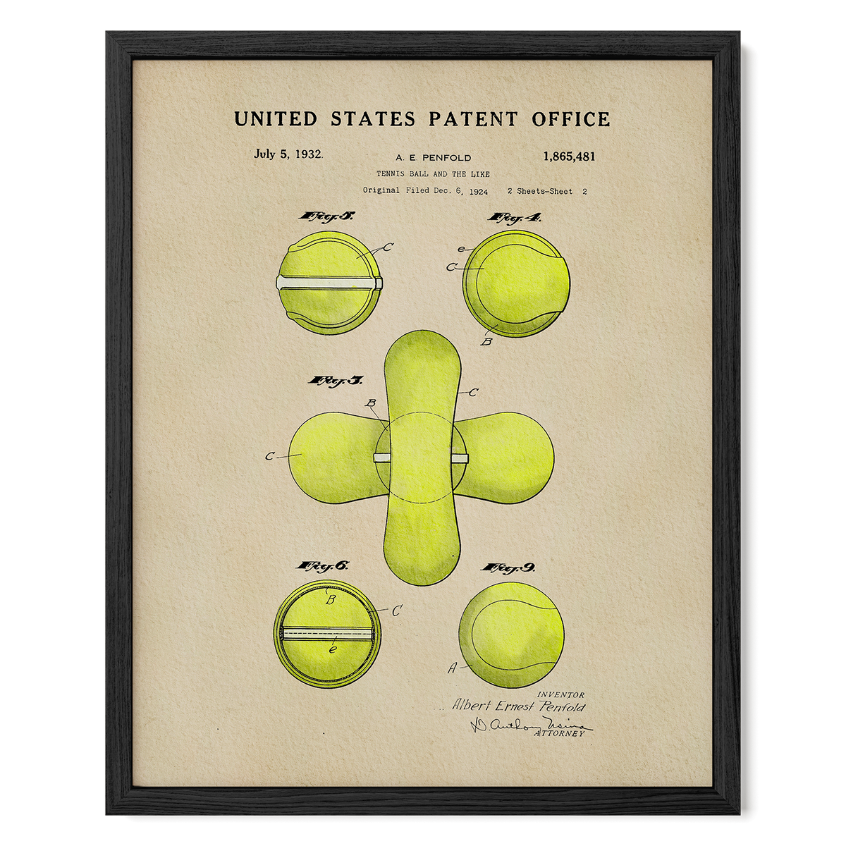 The image is a framed patent drawing depicting a tennis ball and racket.