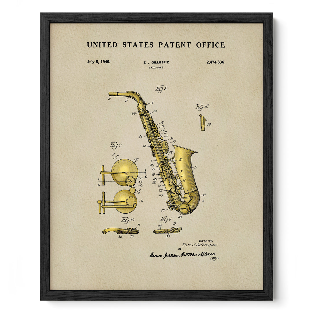 The image is a framed patent drawing of a saxophone, depicting its various components and parts in a detailed manner.