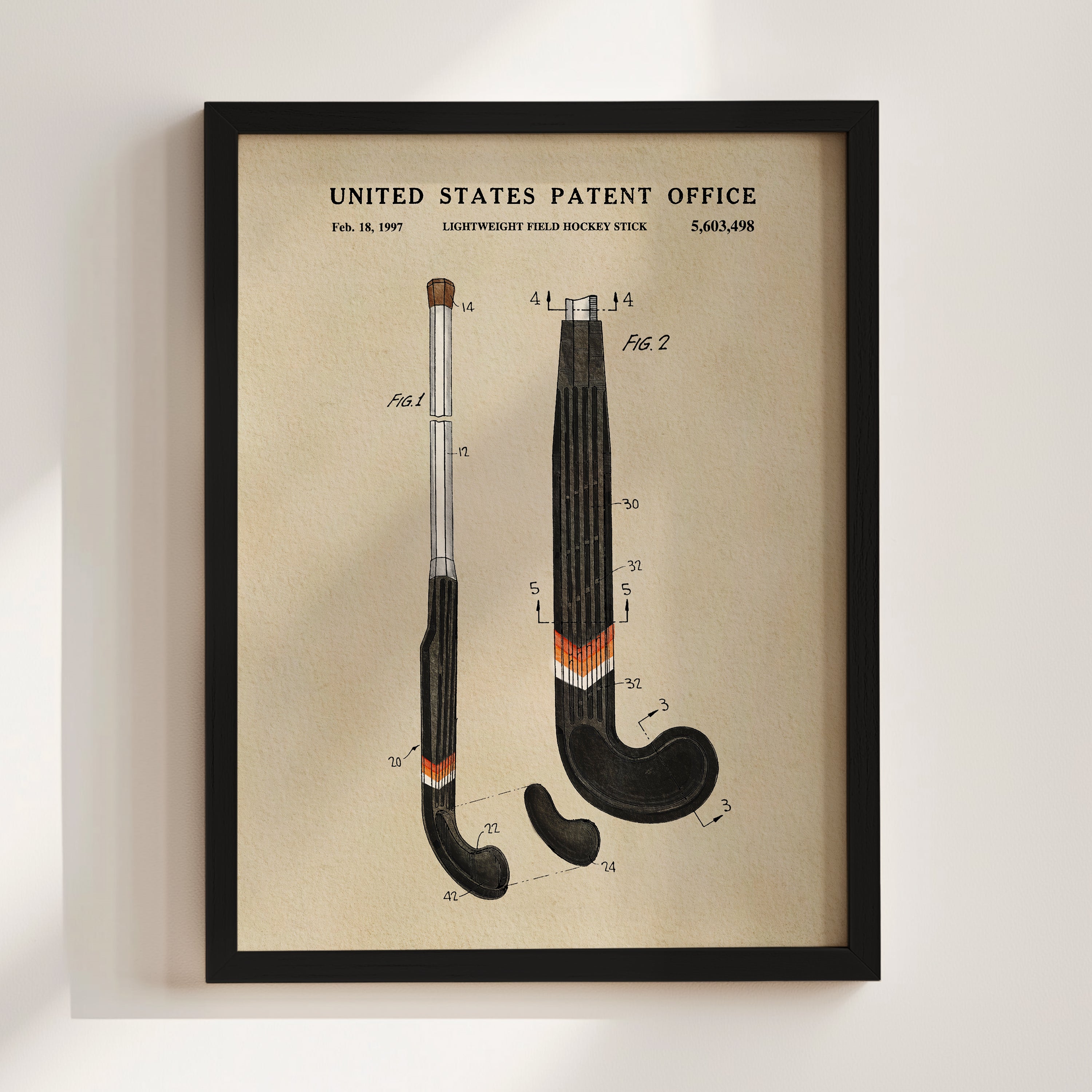The image is a framed patent drawing of a hockey stick, depicting the design and features of the stick in a technical drawing style.